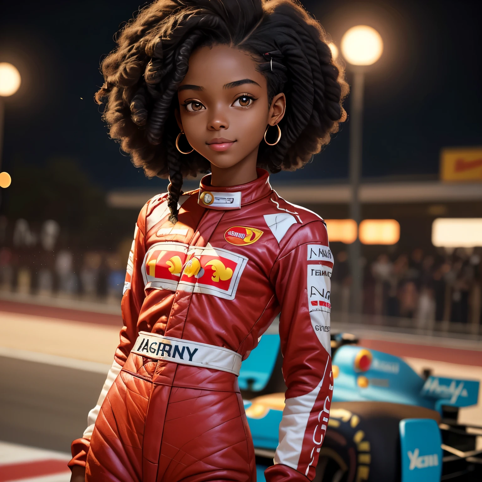 masterpiece, best quality), deep ebony 1girl, beautiful face, short Afro braids , cute, , beautify, Lofi vibe,, cute night vibe, concentrated, hands outside of the picture, formula 1 , formula 1 driver clothing, helmet on, cute look, clothing is dry and baggy, small breasts, teen vibe, cute smile,  red clothing, Ferrari inspired