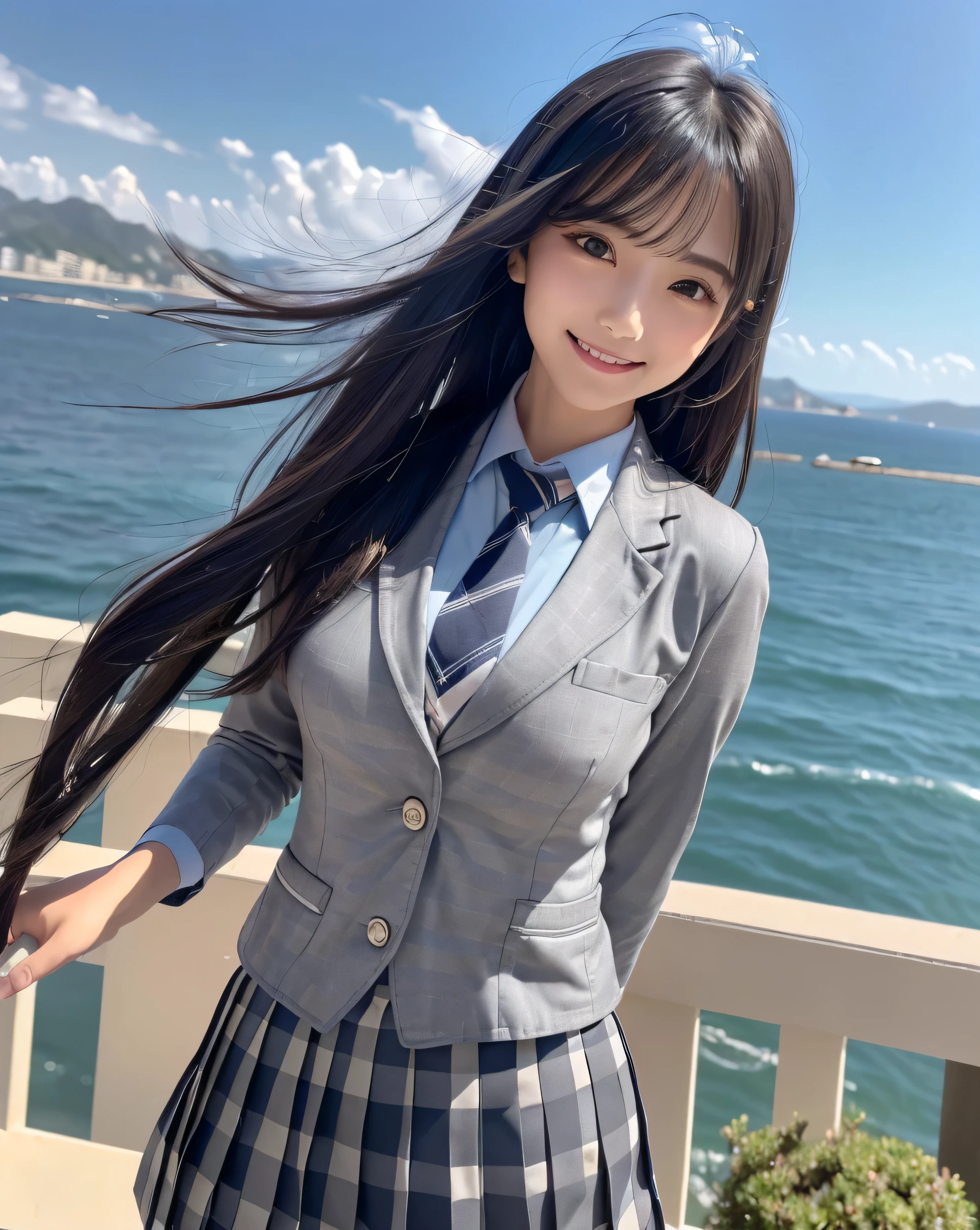 (highest quality, 32k, High resolution, Masterpiece:1.5, ), marimo_jet, god々A photograph with brilliant dazzling and healing power., Evoking a sense of calm and elusive beauty, Expressing emotions, Have a rich imagination, Beautiful Japanese Women, An exceptionally beautiful face, Small Face Beauty, ((Low - Angle:1.3)), Perfect Human Anatomy, Magical big eyes, Motherhood and generosity, Deep Love, ((fleeting smile:1.2)), Shiny black hair, Super Long Straight Silk Hair, Asymmetrical bangs, Hair between the eyes, Transparent, soft white skin, Sharp eyebrows, Thin lashes, ((Natural Makeup:1.1)), Cheek highlighter, Pale pink detailed lips, ((Schoolgirl uniform:1.3)), ((Grey checkered pleated skirt fluttering in the wind:1.2)), ((Grey metal button blazer:1.2)), ((Light blue striped tie:1.2)), Slim figure with ample breasts, High resolutionの美しい太もも, ((On a hill with a view of the sea:1.2)), Illuminated by the morning sun, Professional Lighting, Professional photographer, Professional models, God's Secret