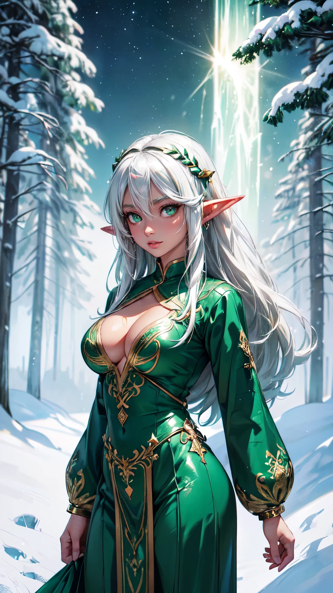 paya, cute elf,((anime elf with extremely cute and beautiful brown hair)), (((elf))), (((elf ears))),((((white hair:1.35,colored inner hair,ear breathing)))),(((green_eyes:1.3))),intricate eyes,beautiful detailed eyes,symmetrical eyes,big eyes:1.5,(((lustrous skin:1.5,bright skin: 1.5,skin tanned,shiny skin,very shiny skin,shiny body,plastic glitter skin,exaggerated shiny skin,illuminated skin))),(detailed body,(detailed face)), cute,slutty,erotic,daring,((nsfw)), (((intricate outfit,intricate clothes,embroidered outfit,ornate outfit,embroidered clothes,ornate clothes))), (dynamic pose:1.0),happy,smile,(centered,scale to fit dimensions,Rule of thirds), ((snowy pine forest at night)), with dark stormy clouds,winter,scenery:1.25,((snow forest background)),Christmas tree, highres,sharp focus,(ultra detailed,extremely detailed),(photorealistic artwork:1.37),(extremely detailed CG unity 8k wallpaper),(((vibrant colors,vibrant theme))),(intricate),(masterpiece),(best quality),
detailed face, detailed eyes, detailed hands, colors