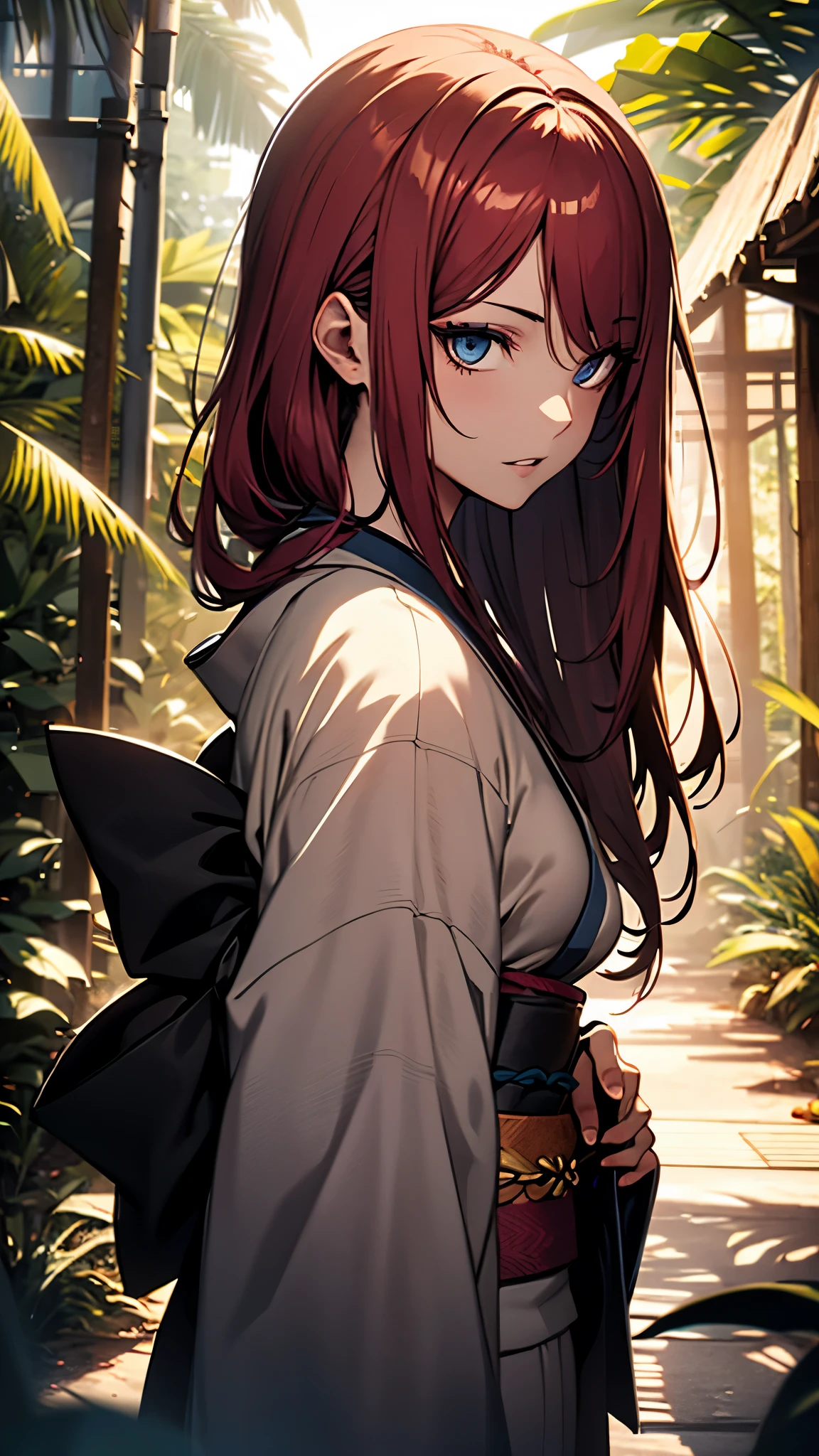 (1girl:1.3), Masterpiece, Best quality, amazing beauty, [[3D]], 4K, absurdres, finely detail, super detailed eye, perfect anatomy, official art, cinematic lighting, BREAK, fine, forest/jungle, silky long hair, red hair, super shiny detailed black eye, big eyes, cute eyes, thin eyebrow, （retreating figure）, she's hiding her face. close-mouth, thin lips, BREAK , usually, tall, medium, fair skin, detailed skin, Are standing, profile, from front, Sidelighting, BREAK , (kimono:1.2), 35mm lens