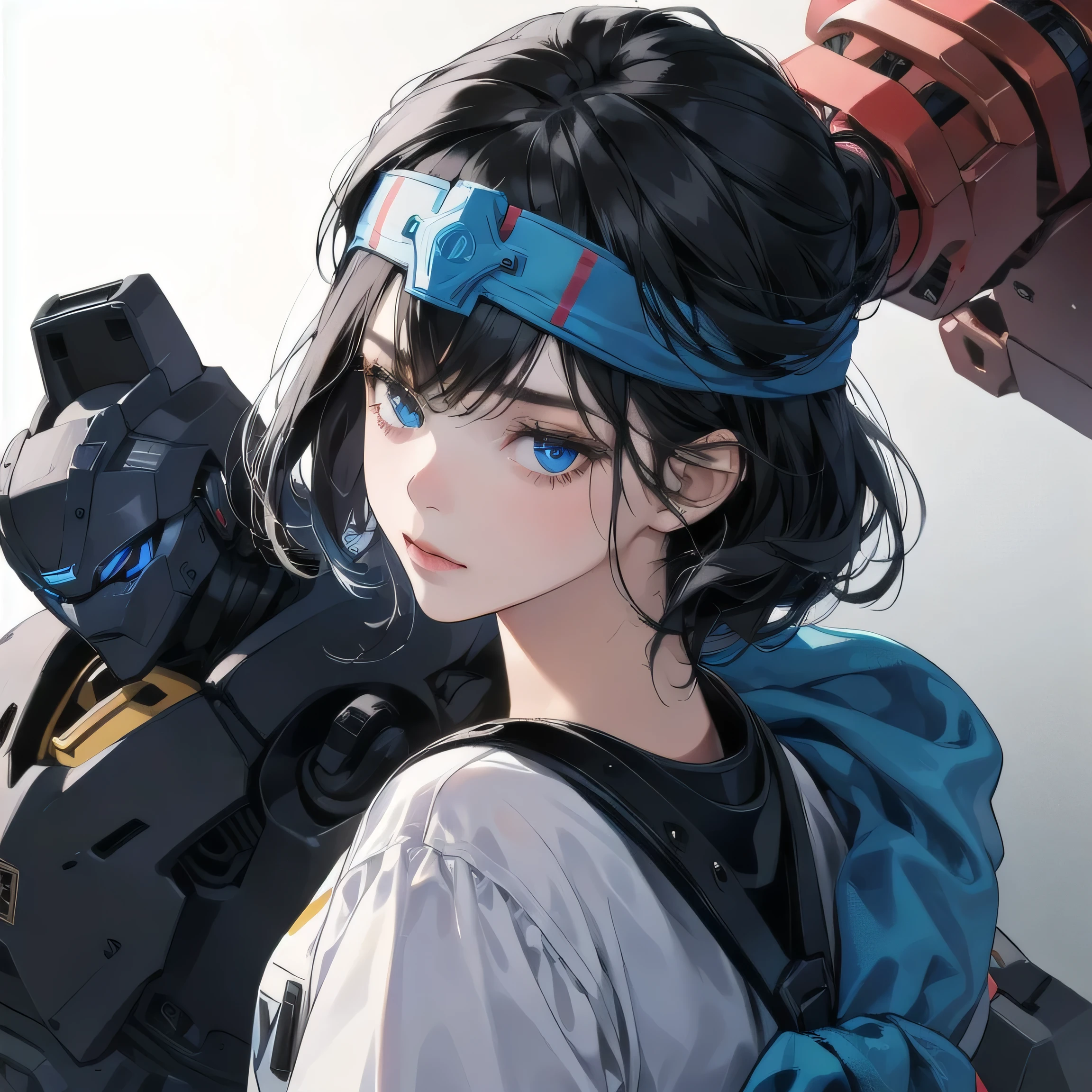 1girl, black hair, blue eyes, robot masker, robot headband, facing side, face close up, 8K, Hi-Res