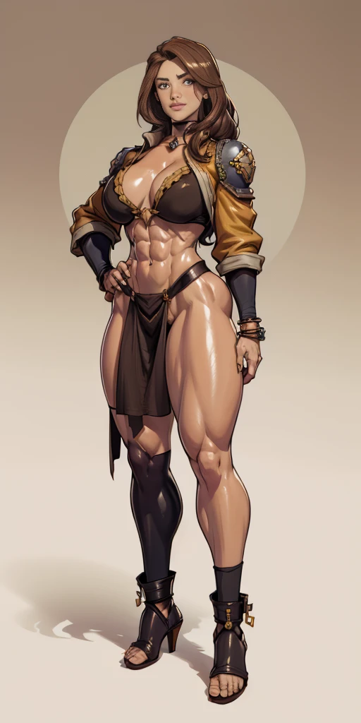 full body toe to head, masterpiece, 1soloMILF BIMBO standing loincloth pose, leather collar choker neck bell shackles wristbands bracers bracelets sleeves and stockings, strong body, abs, shiny skin (masterpiece, best quality) 1girlsolo wearing 40K Warhammer sisters of battle whsororitas (plain background)