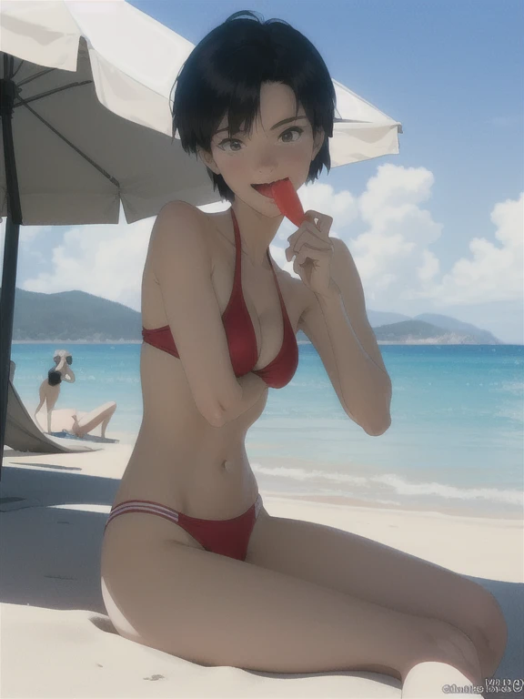 (foto cruda, mejor calidad), 1 chica, natural lighting,
Ibuki_maya, sonrisa ligera , parte superior del cuerpo, (swimsuit), en la playa, comiendo sandia, poses