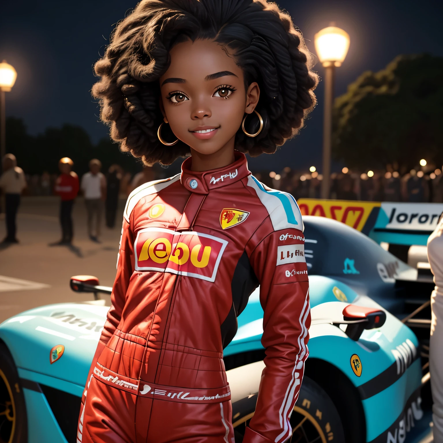 masterpiece, best quality), deep ebony 1girl, beautiful face, short Afro braids , cute, , beautify, Lofi vibe,, cute night vibe, concentrated, hands outside of the picture, formula 1 , formula 1 driver clothing, helmet on, cute look, clothing is dry and baggy, small breasts, teen vibe, cute smile,  red clothing, Ferrari inspired