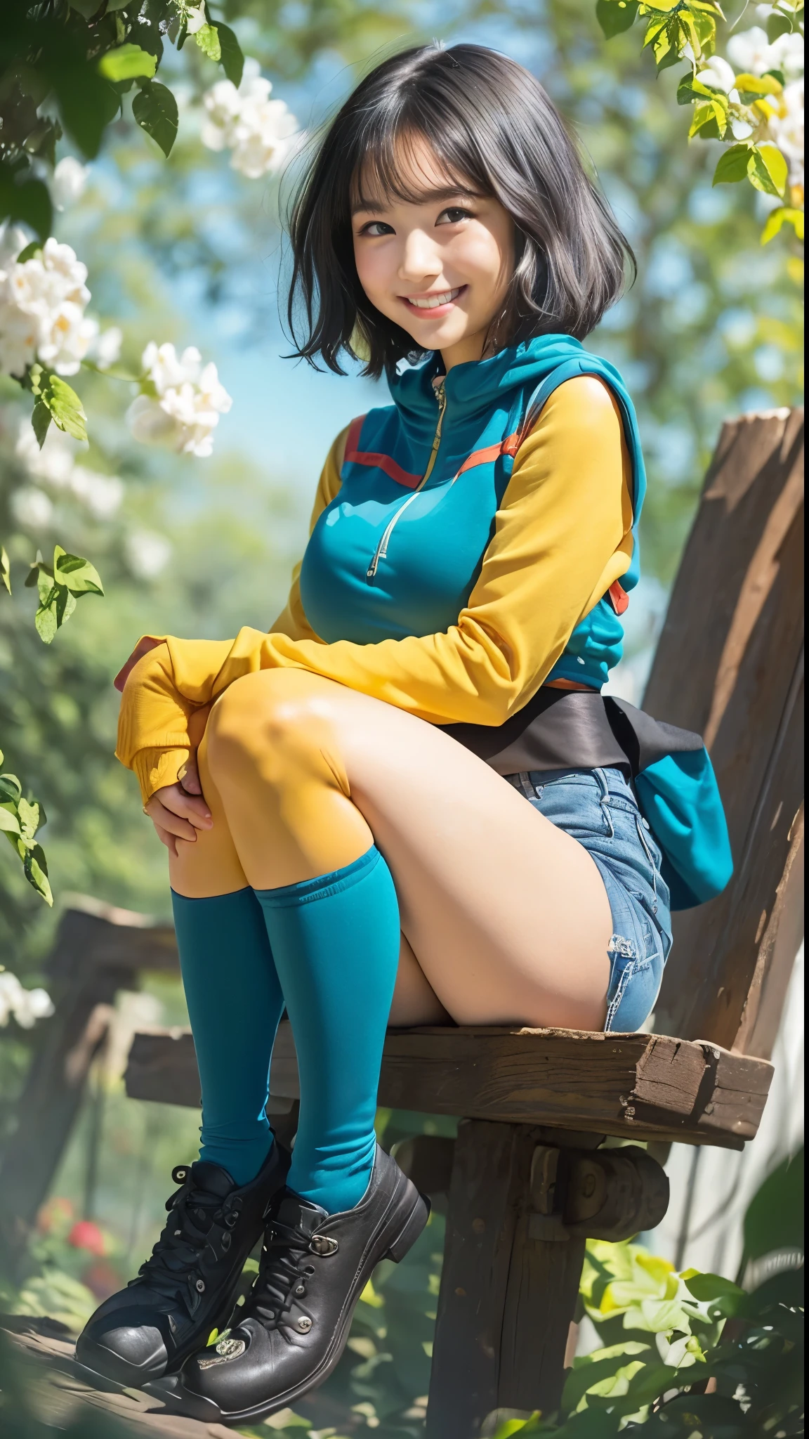 (8k、Raw photography、highest quality、masterpiece:1.2),(Black Hair、Dark Eyes:1.9),(:1.6)、View your audience,Viewed from the front,White skin,(:1.3)、(Tight waist:1.6)、(Clothes that accentuate the shape of the breasts:1.0)、(Big Breasts :1.3)、Slim figure、Ultra-high resolution,beautiful,beautiful fece,(one person、No background:1.9),whole bodyボディー,Japanese women,(reality的:1.37)、Photon Mapping,reality、(-faced and cute: 1.4)、(Cute Smile: 1.8)、(Round face: 1.8)、Radio City、Physically Based Rendering、Depth of field rally background、photograph, (I can see your knees、Thigh close-up:1.8),(:1.6),whole body、Great quality
