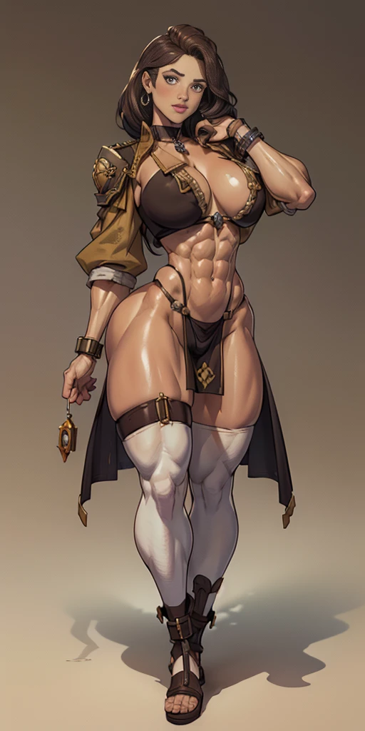 full body toe to head, masterpiece, 1soloMILF BIMBO standing loincloth pose, leather collar choker neck bell shackles wristbands bracers bracelets sleeves and stockings, strong body, abs, shiny skin (masterpiece, best quality) 1girlsolo wearing 40K Warhammer sisters of battle whsororitas (plain background)