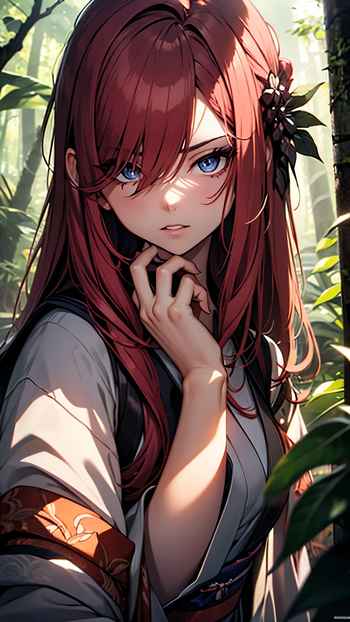 (1girl:1.3), Masterpiece, Best quality, amazing beauty, [[3D]], 4K, absurdres, finely detail, super detailed eye, perfect anatomy, official art, cinematic lighting, BREAK, super fine, forest/jungle, silky long hair, red hair, super shiny detailed black eye, big eyes, cute eyes, thin eyebrow, （retreating figure）, she's hiding her face. close-mouth, thin lips, BREAK , usually, tall, medium, fair skin, detailed skin, Are standing, from front, Side
lighting, BREAK , (kimono:1.2), 35mm lens