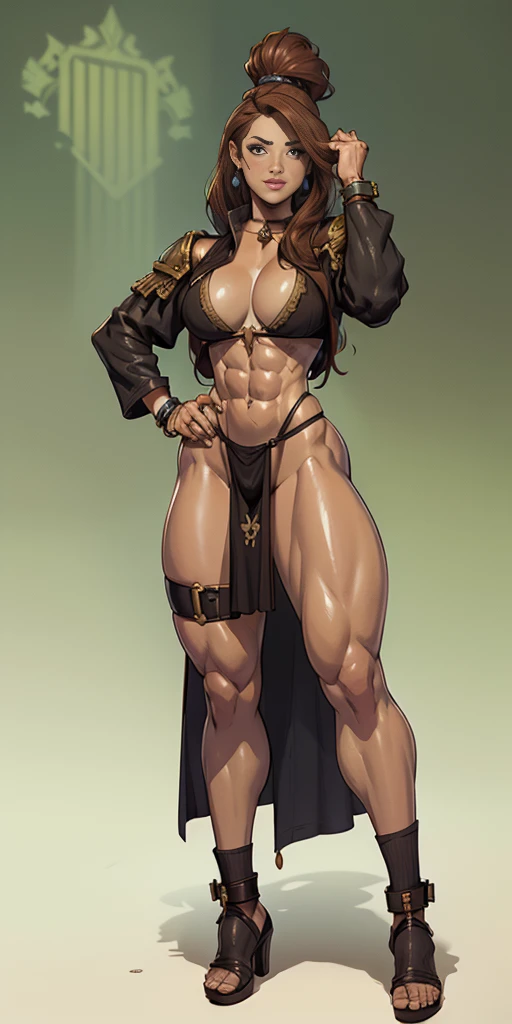 full body toe to head, masterpiece, 1soloMILF BIMBO standing loincloth pose, leather collar choker neck bell shackles wristbands bracers bracelets sleeves and stockings, strong body, abs, shiny skin (masterpiece, best quality) 1girlsolo wearing 40K Warhammer sisters of battle whsororitas (plain background)
