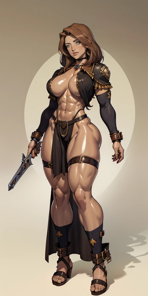 full body toe to head, masterpiece, 1soloMILF BIMBO standing loincloth pose, leather collar choker neck bell shackles wristbands bracers bracelets sleeves and stockings, strong body, abs, shiny skin (masterpiece, best quality) 1girlsolo wearing 40K Warhammer sisters of battle whsororitas (plain background)