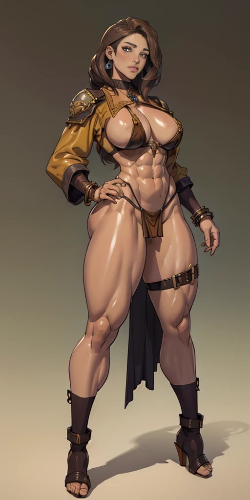 full body toe to head, masterpiece, 1soloMILF BIMBO standing loincloth pose, leather collar choker neck bell shackles wristbands bracers bracelets sleeves and stockings, strong body, abs, shiny skin (masterpiece, best quality) 1girlsolo wearing 40K Warhammer sisters of battle whsororitas (plain background)