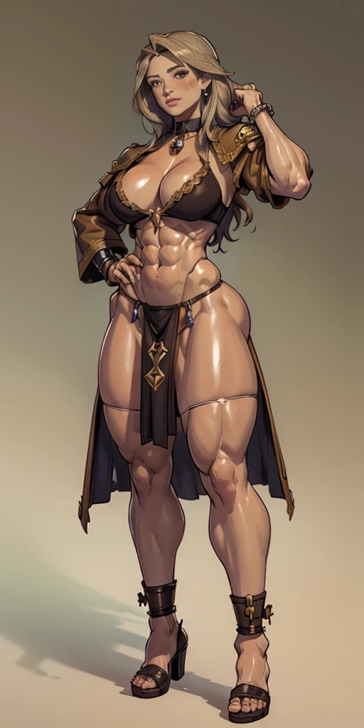 full body toe to head, masterpiece, 1soloMILF BIMBO standing loincloth pose, leather collar choker neck bell shackles wristbands bracers bracelets sleeves and stockings, strong body, abs, shiny skin (masterpiece, best quality) 1girlsolo wearing 40K Warhammer sisters of battle whsororitas (plain background)