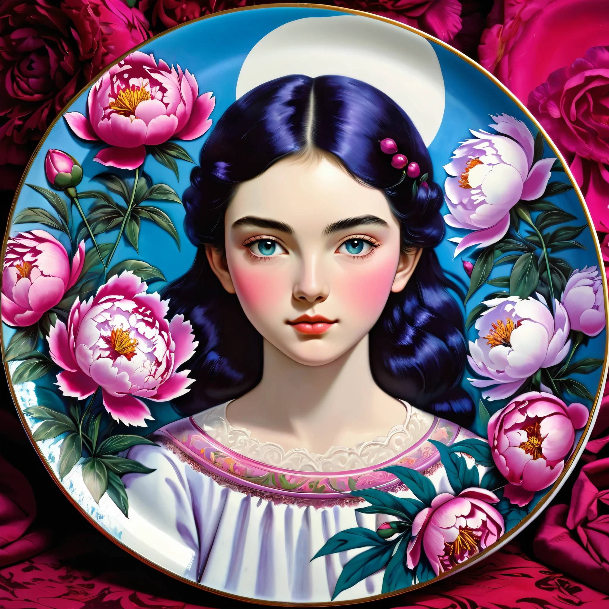 [WHITE BORDER][:pretty teen girl with peonies, print ON A metalic PLATE, ((Mordecai-Ardon style!))magic naive art, primitivism, protogen, crimson/liliac::16]:[lining porcelain plate (Yuri Arkus style),
 RAW, USD, Nikon D3X, HTF, ISO200, f/2,870mm], (best quality, Masterpiece: 1.2), (best quality: 1.0), (hyperrealism), grotesque, 
bright design