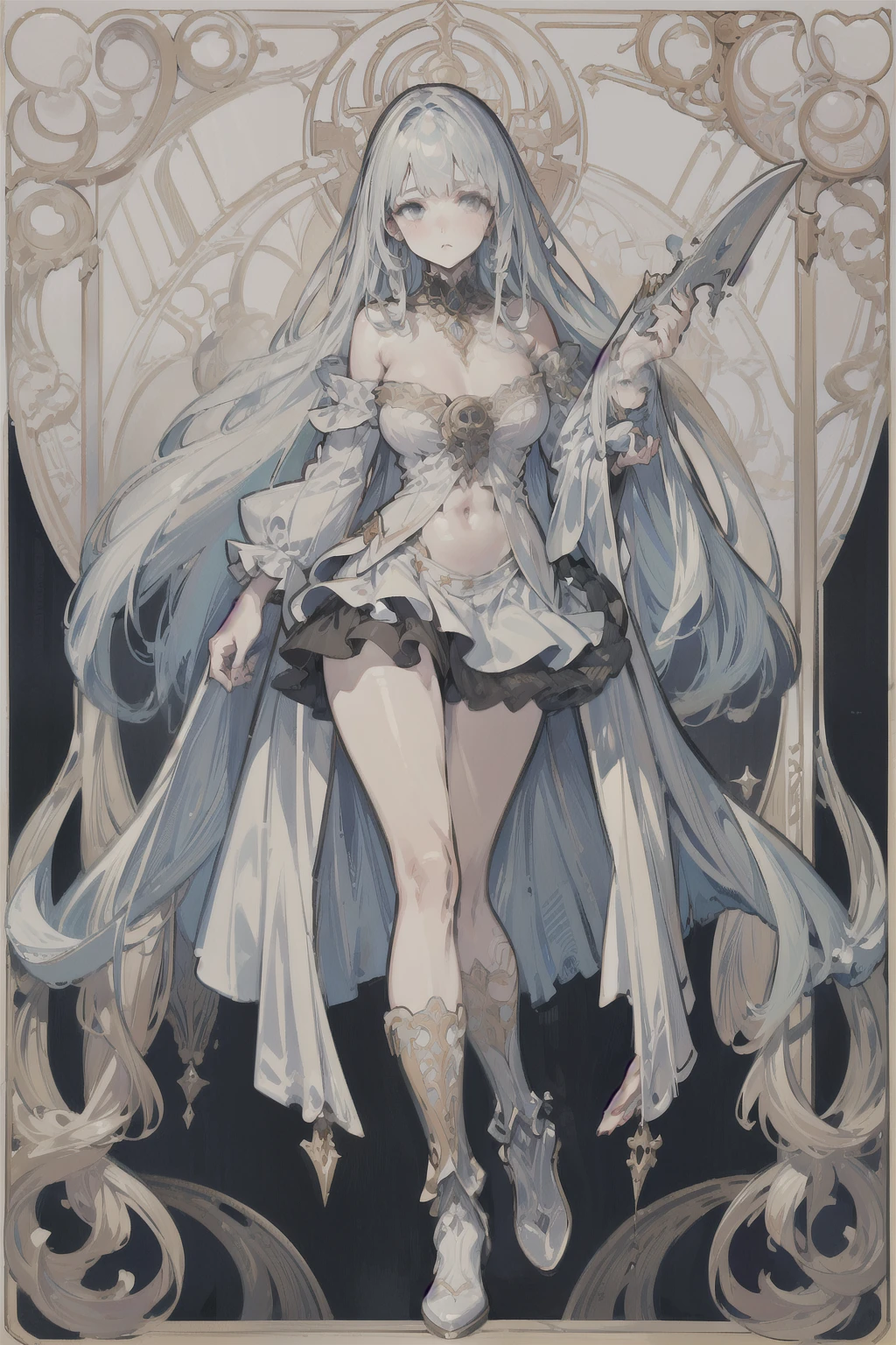  ((best quality)), ((masterpiece)), (detailed), 1girl, Character design, female, dynamic poses, long white grey hair, grey white eyes, very skinny, detailed, best quality, no accesoires around the neck, no shoes, prominent collarbones, skinny arms, flat stomach, visible hip bones, full body, blank white background, plain background, white background, red and white clothing, Bloodborne inspired, occult aesthetic, occult, detailed and intricate steampunk and detailed gothic, NSFW, Very dramatic and cinematic lighting, cosmic horror, grim-dark, side-lighting, perfect face, NSFW, Fluttering lace flared long knee length dress with frilly petticoats, knee length dress, pleated petticoats, petticoats gothic, complex lace boots, side-lighting, gothic aesthetic, wielding a mighty sword with mechanical components, mandalas, a fairy, various different types of insect wings, NSFW, full body, whole body, body, plain background, white background, blank background, no background, white background NSFW, chains, full body, whole body, head-to-toe NSFW 