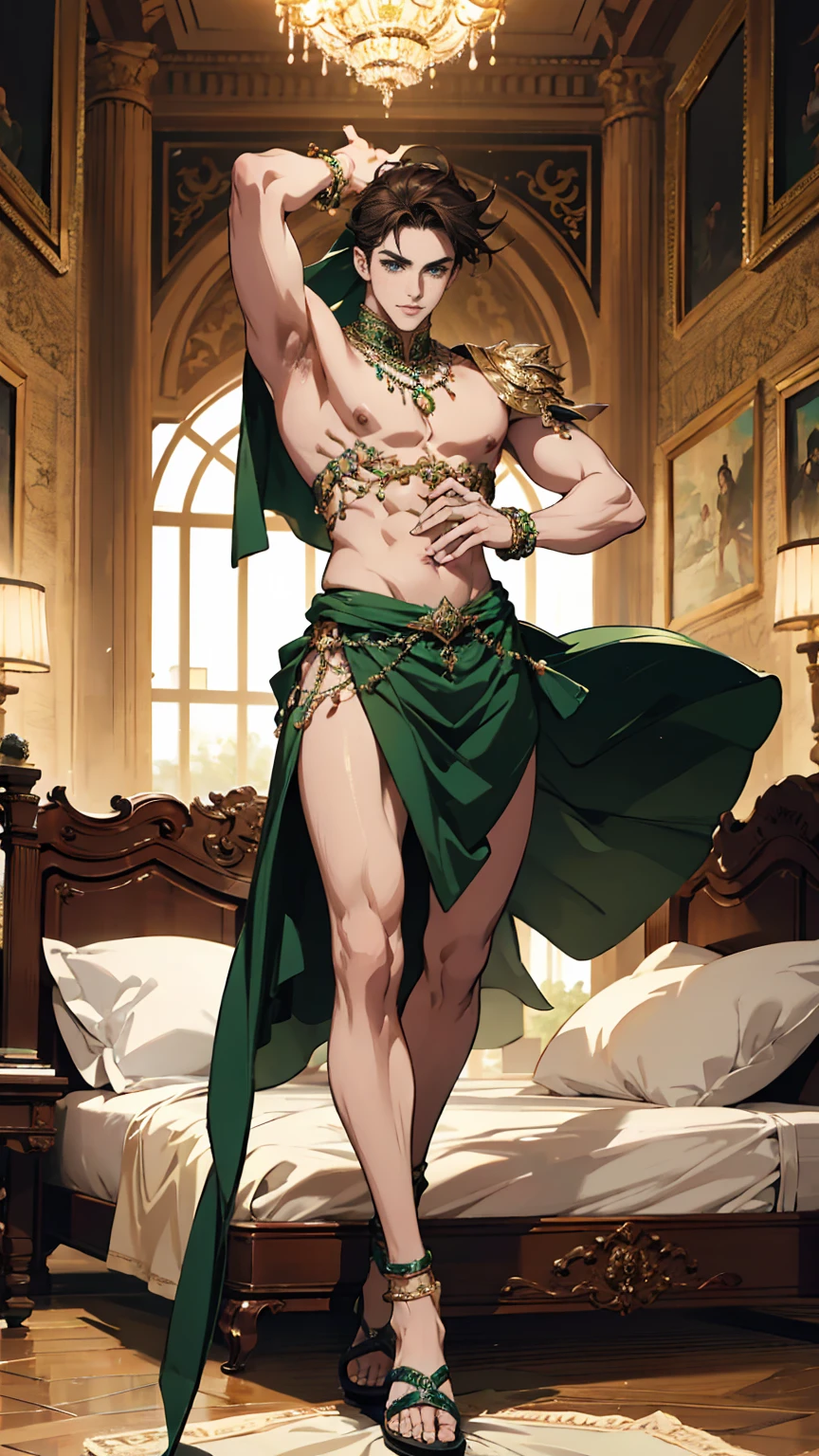  (masterpiece, best quality, highres, ultra-detailed),(beautiful and aesthetic:1.2),  detailed eyes and fac,  full body, ((1 man)), adult, (brown hair), (green eyes), male body, male focus, Beautiful body, perfect body, harem, belly dancer outfit, belly many colours skirt, sandals, transparent, expensive bracelets on arms and legs,  luxury castle , luxury bedroom, luxury bed,