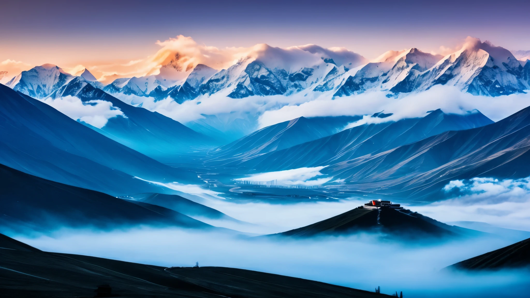 Tibet, background landscape of snowy mountains and lots of fog. Dark and relaxing image. Includes some Asian trees.