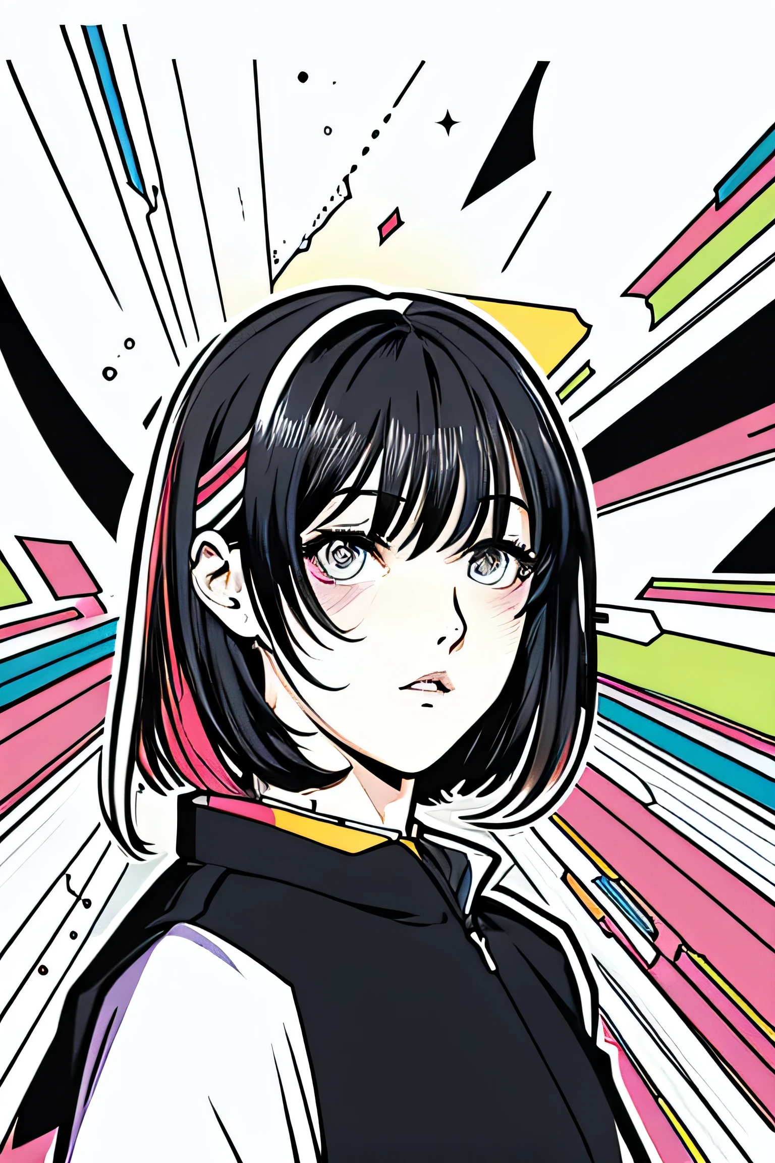 (Artwork, best quality:1.3), 1 girl, cell shading, bold outlines, Flat colors, sharp shadows, graphic style, (manga influence), clean lines, (stunning visuals), multicolored background