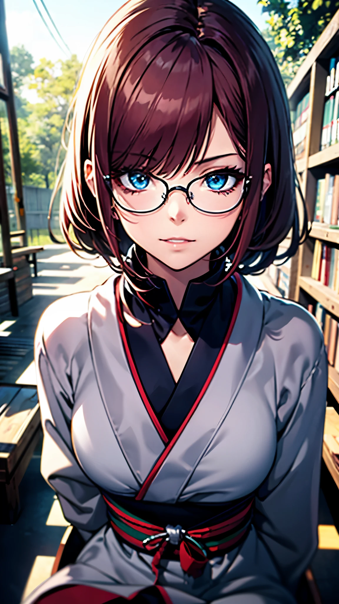 (1girl:1.3), Masterpiece, Best quality, amazing beauty, [[3D]], 4K, absurdres, finely detail, super detailed eye, perfect anatomy, official art, cinematic lighting, BREAK, Library, forest/jungle, long braid, blunt bangs, red hair, super shiny detailed blue eyes, big eyes, tareme, cute eyes, thin eyebrow, Gazing Skyward, close-mouth, thin lips, mascara, rouge, Eyeliner, glasses, happy face, BREAK , usually, tall, slim, white skin, detailed skin, sitting chair, cross-legged, face close-up, shoot from above, Spotlight, BREAK BREAK,(Glasses), （kimono）
