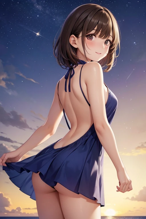 (masterpiece, Premium Quality: 1.2), alone, strong,
 One girl: Nene Anegasaki、Shiny brown hair, short hair, Beautiful brown eyes、smile、Sparkling eyes, (Fine grain)、Ultra-detailed eyes、Highly detailed face, Highly detailed eyes,
 

Ocean，sunset，There is a little starlight in the sky，There are waves ，Blue-purple camisole mini dress，Romantic atmosphere,(Top quality details:1.2),From the back