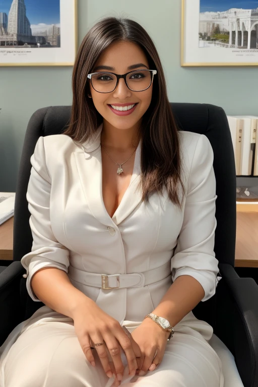 una mujer ejecutiva, elegante con gafas sentada en una silla dentro de una oficina, sonriendo, mirando al espectador,atractiva secretaria, mujer elegante