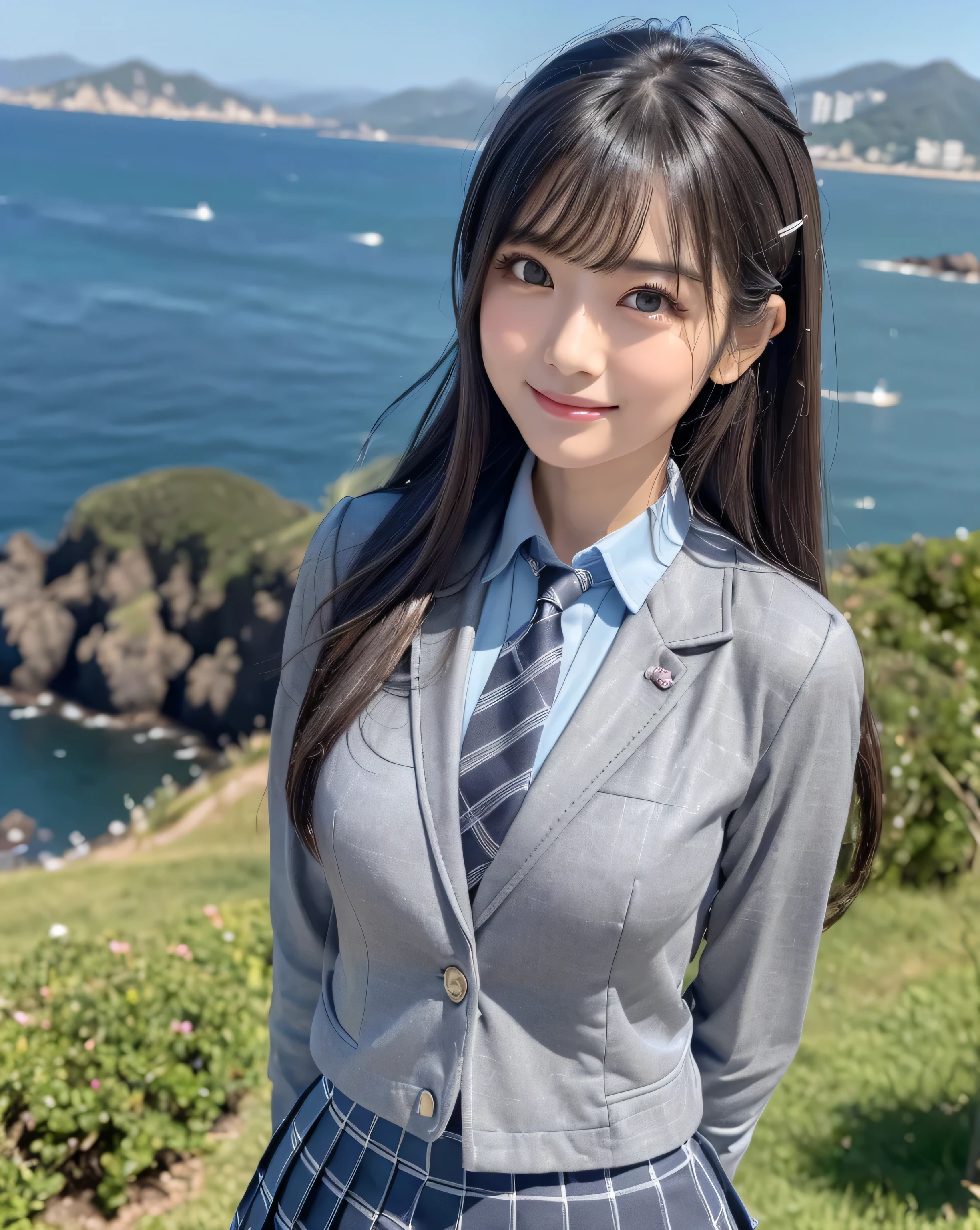 (highest quality, 32k, High resolution, Masterpiece:1.5, ), marimo_jet, god々A photograph with brilliant dazzling and healing power., Evoking a sense of calm and elusive beauty, Expressing emotions, Have a rich imagination, Beautiful Japanese Women, An exceptionally beautiful face, Small Face Beauty, ((Low - Angle:1.3)), Perfect Human Anatomy, Magical big eyes, Motherhood and generosity, Deep Love, ((fleeting smile:1.2)), Shiny black hair, Super Long Straight Silk Hair, Asymmetrical bangs, Hair between the eyes, Transparent, soft white skin, Sharp eyebrows, Thin lashes, ((Natural Makeup:1.1)), Cheek highlighter, Pale pink detailed lips, ((Schoolgirl uniform:1.3)), ((Grey checkered pleated skirt fluttering in the wind:1.2)), ((Grey metal button blazer:1.2)), ((Light blue striped tie:1.2)), Slim figure with ample breasts, High resolutionの美しい太もも, ((On a hill with a view of the sea:1.2)), Illuminated by the morning sun, Professional Lighting, Professional photographer, Professional models, God&#39;s Secret