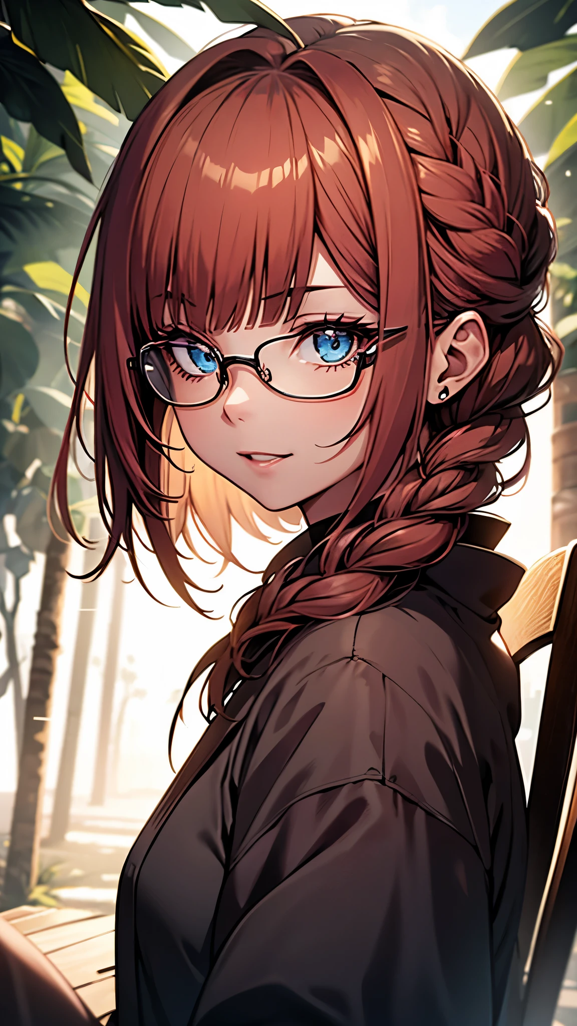 (1girl:1.3), Masterpiece, Best quality, amazing beauty, [[3D]], 4K, absurdres, finely detail, super detailed eye, perfect ???????, official art, cinematic lighting, BREAK, forest/jungle, long braid, blunt bangs, red hair, super shiny detailed blue eyes, big eyes, tareme, cute eyes, thin eyebrow, Gazing Skyward, close-mouth, thin lips, mascara, rouge, Eyeliner, glasses, happy face, BREAK , usually, tall, slim, white skin, detailed skin, sitting chair, cross-legged, face close-up, shoot from side, Spotlight, BREAK,(Glasses), （kimono）