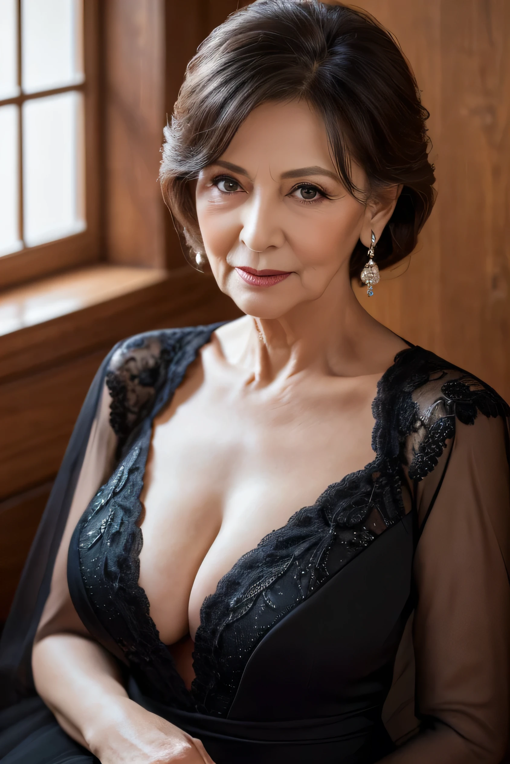 highest quality, masterpiece, High resolution, Realistic, RAW Photos, 8k wallpaper, perfection, Professional Lighting, Very detailed, ((One beautiful woman)), 80 years old, Sexy Woman, ((Black Dress)), Cleavage, Full body image, ((look into the viewer'eye)), Detailed face, Beautiful eye, ((I'looking forward to it)), In the stylish dining room, sunny, bangs, Shapely breasts, Short Bob Hair, Plump and glossy lips, Cowboy Shot, ((Place your arms between your legs))