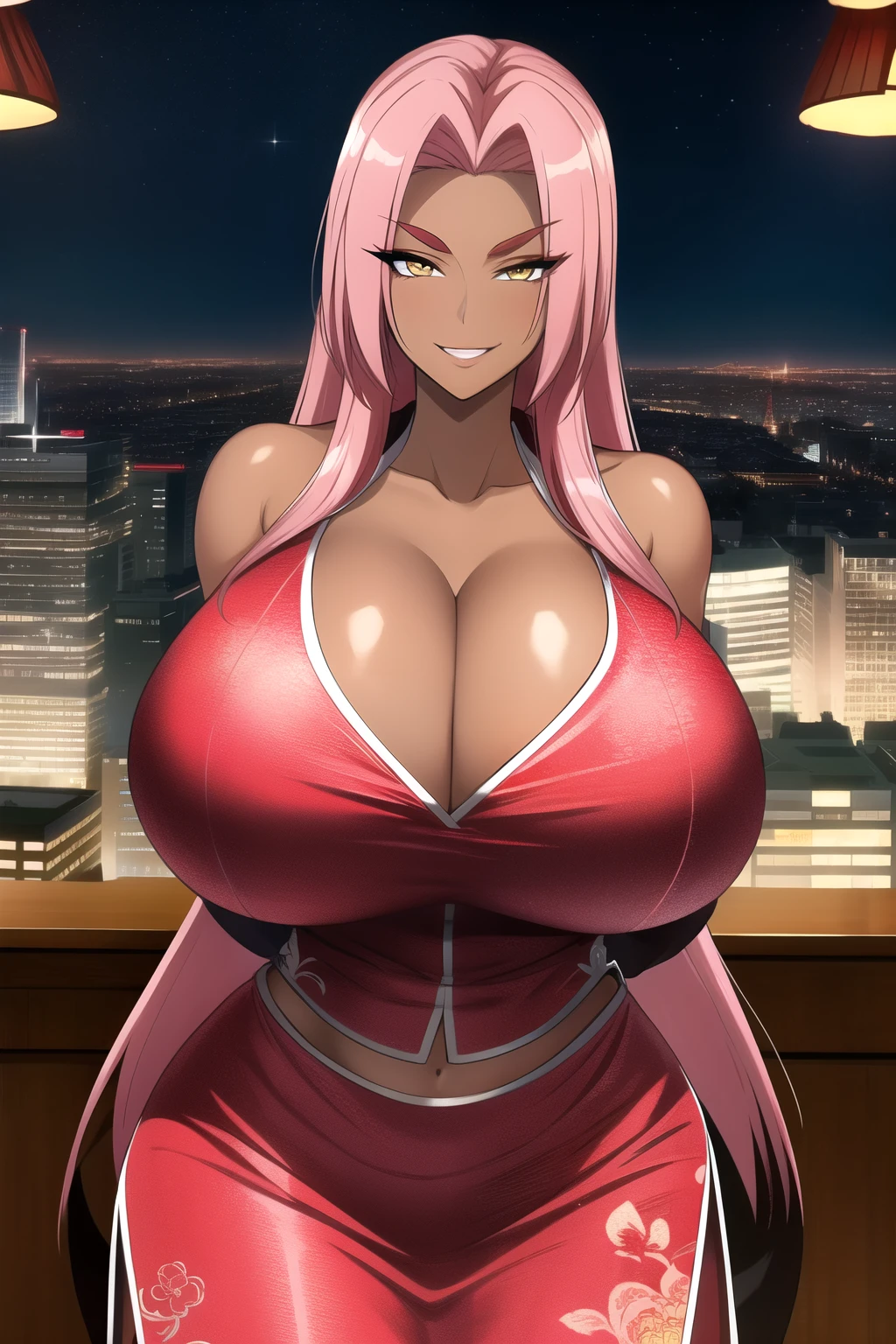 (high quality:1.1), intricate details, cinematic lighting, official art,
(Ingrid:1.1), dark-skinned female, cowboy shot, close-up,
determined, smirk, (looking at viewer:1.1), seductive smile,
pink hair, long hair, hair intakes, makeup, thick eyebrows, yellow eyes,
, (chinese dress:1.1), cleavage, collarbone, shiny, indoors, luxury office, table, cityscape, night, 
curvy, midriff, (gigantic breasts:1.4), 

