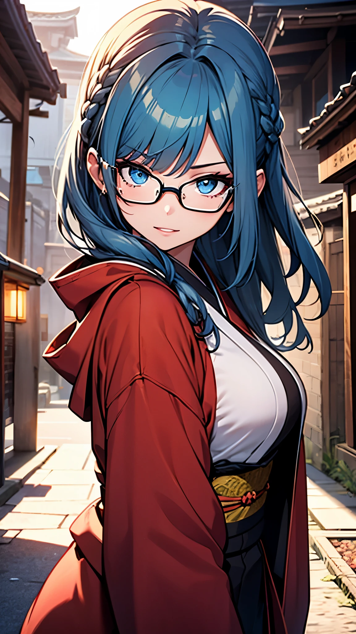 (1girl:1.3), Masterpiece, Best quality, amazing beauty, [[3D]], 4K, absurdres, finely detail, super detailed eye, perfect anatomy, official art, cinematic lighting, BREAK, Inari Shrine, long braid, blunt bangs, blue hair, flipped hair, super shiny detailed blue eyes, big eyes, tareme, cute eyes, thin eyebrow, Gazing Skyward, close-mouth, thin lips, mascara, rouge, Eyeliner, glasses, happy face, BREAK , usually, tall, slim, white skin, detailed skin, sitting, cross-legged, shoot from side, Spotlight, BREAK,(Glasses), （Vibrant kimono:1.2）