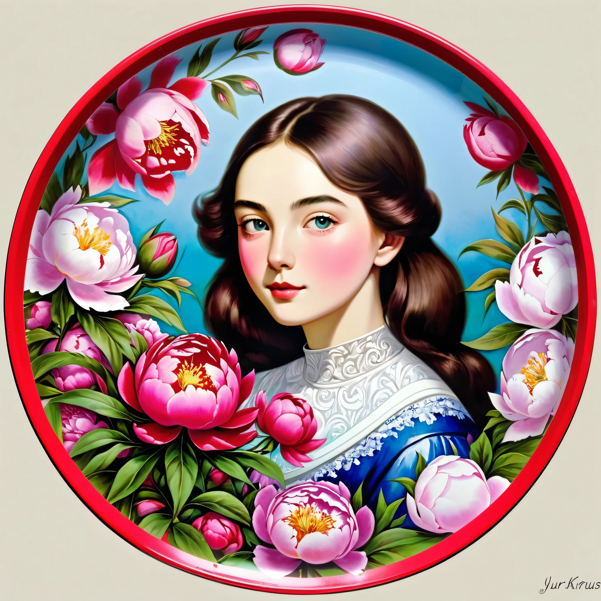[WHITE BORDER][:pretty teen girl with peonies, print ON A tin round tray, ((Mordecai-Ardon style!))magic naive art, primitivism, protogen, crimson/liliac::16]:[lining porcelain plate (Yuri Arkus style),
 RAW, USD, Nikon D3X, HTF, ISO200, f/2,870mm], (best quality, Masterpiece: 1.2), (best quality: 1.0), (hyperrealism), grotesque, 
bright design