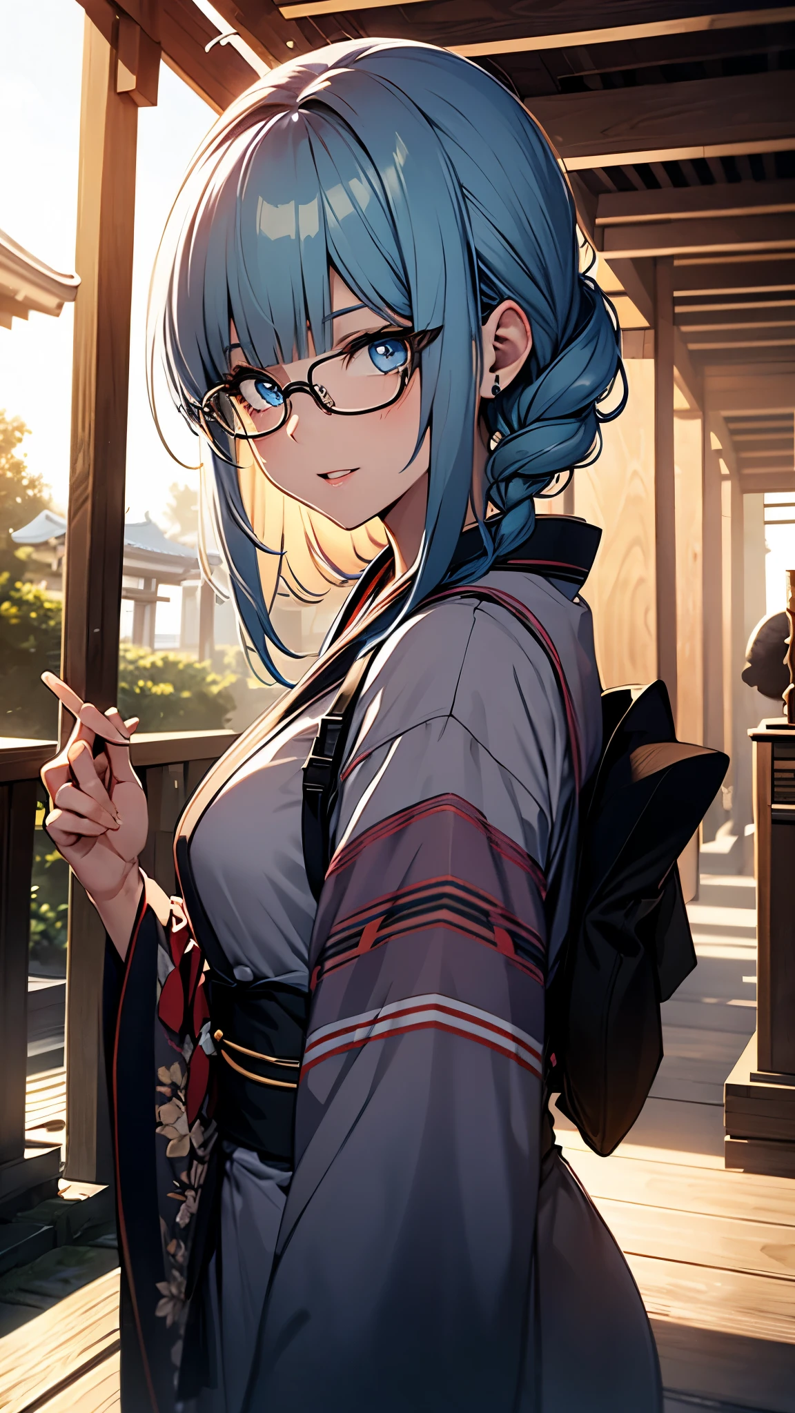 (1girl:1.3), Masterpiece, Best quality, amazing beauty, [[3D]], 4K, absurdres, finely detail, super detailed eye, perfect anatomy, official art, cinematic lighting, BREAK, Inari Shrine, long braid, blunt bangs, blue hair, flipped hair, super shiny detailed blue eyes, big eyes, tareme, cute eyes, thin eyebrow, Gazing Skyward, close-mouth, thin lips, mascara, rouge, Eyeliner, glasses, happy face, BREAK , usually, tall, slim, white skin, detailed skin, sitting, cross-legged, shoot from side, Spotlight, BREAK,(Glasses), （Vibrant kimono:1.2）