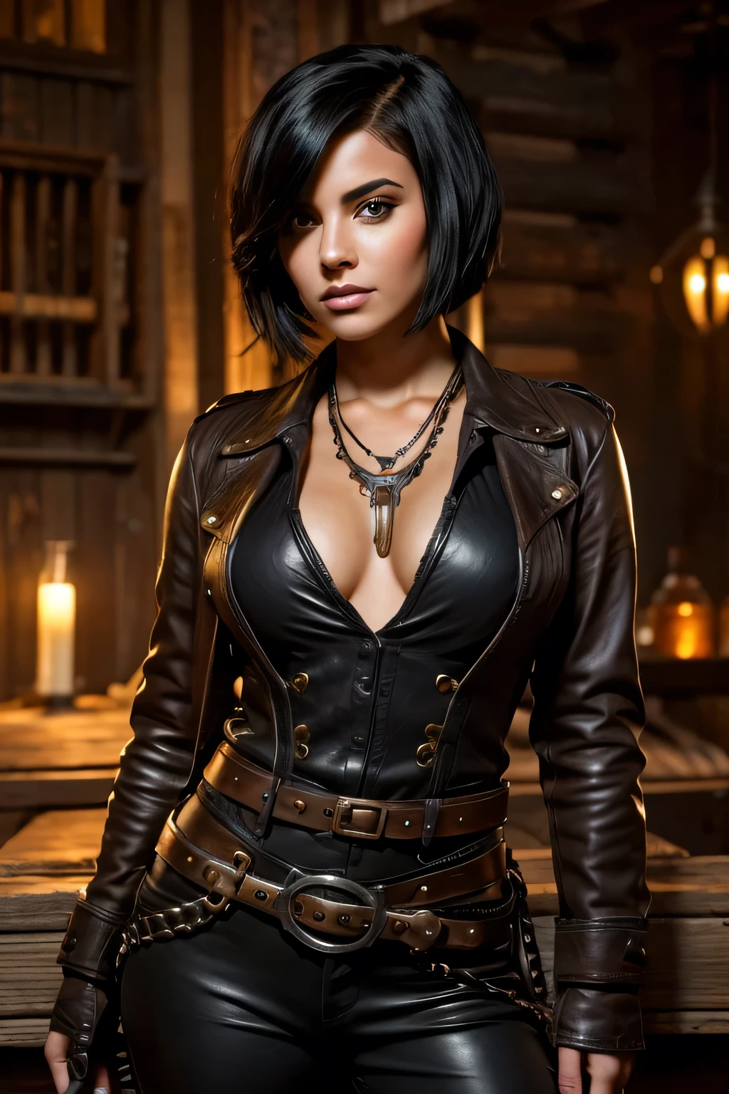 
A young woman, with dark black bob hair , with a steampunk bow, in a post apocalyptic steampunk wild west decor.