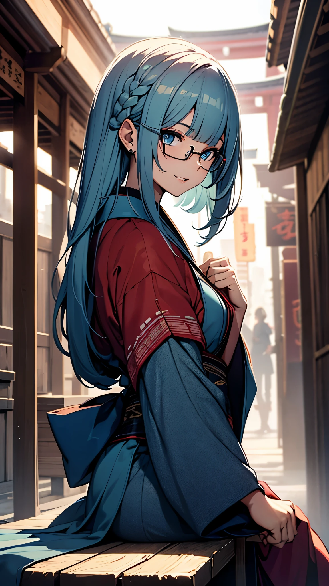 (1girl:1.3), Masterpiece, Best quality, amazing beauty, [[3D]], 4K, absurdres, finely detail, super detailed eye, perfect anatomy, official art, cinematic lighting, BREAK, Inari Shrine, long braid, blunt bangs, blue hair, flipped hair, super shiny detailed blue eyes, big eyes, tareme, cute eyes, thin eyebrow, Gazing Skyward, close-mouth, thin lips, mascara, rouge, Eyeliner, glasses, happy face, BREAK , usually, tall, slim, white skin, detailed skin, sitting, cross-legged, shoot from side, Spotlight, BREAK,(Glasses), （Vibrant kimono:1.2), shrine maiden