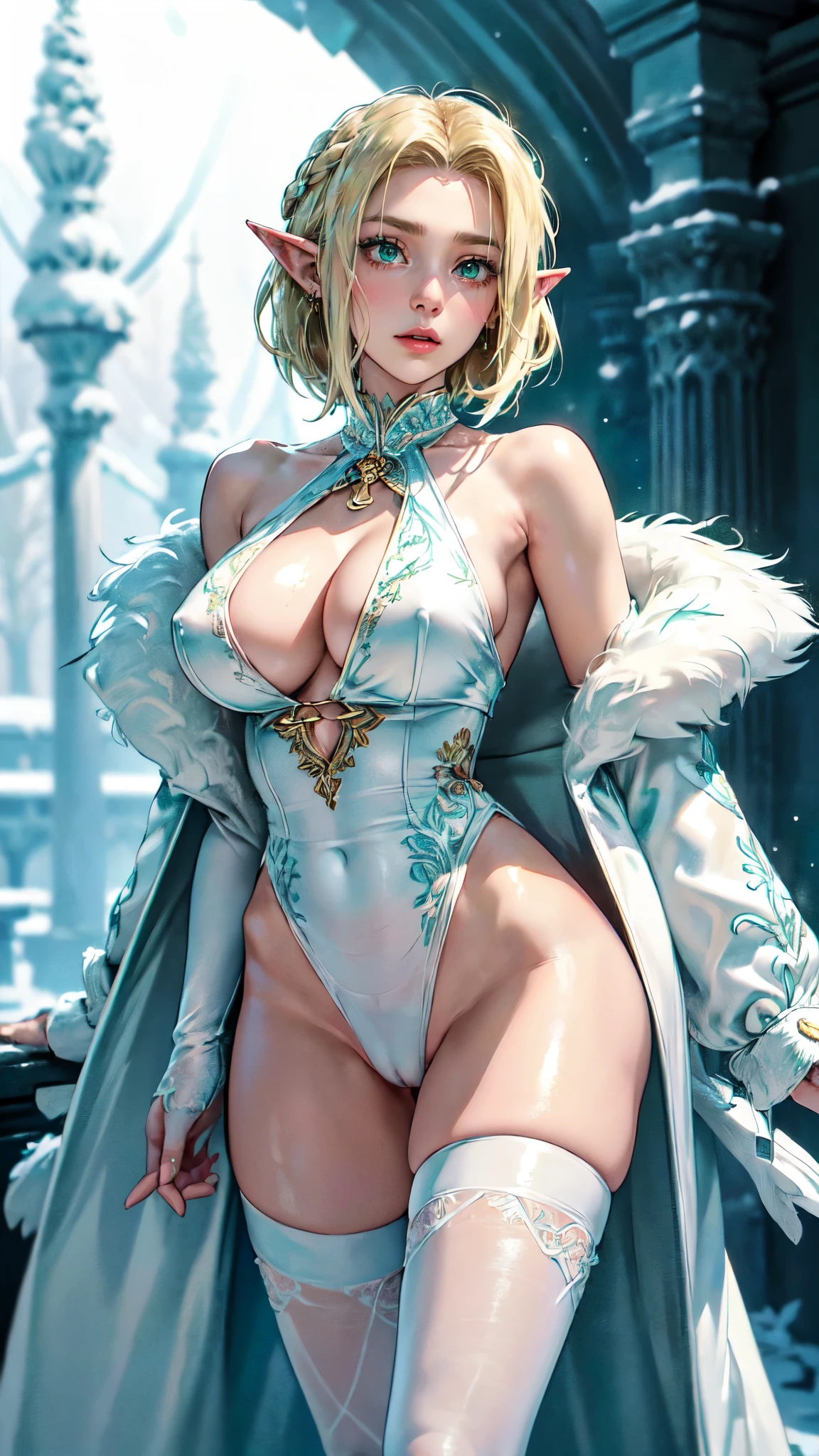 nsfw:1.1, high resolution:1.7, incredibly absurdres, kawaii:1, cute:1.5, hires.fix,,incredibly fine illustration,8k,masterpiece:1.2,best quality, high quality, exquisite, beautiful,insanely detailed, intricate detailed, extremely detailed, Super Definition,ultra high res, Super Resolution, best aesthetic, ultra detailed:1.5,best quality, perfect face, detailed face,stunning art,absurdres,octane render,ultra hires, Japanese Actress,(Idol),18yo,Beautiful,(Cute and lovely),cute elf girl,((anime elf with extremely cute and beautiful blonde hair)),(((undercut blond hair,short hair,colored inner hair,breathing ear)))),(((green_eyes:1.3))),intricate eyes,beautiful detailed eyes,symmetrical eyes,big eyes:1.5,enchanting bright eyes studded with gold and silver dust,(((pinky and glowing_skin,shiny body,plastic glitter skin,exaggerated shiny skin,illuminated skin))),upward breasts,(detailed body,(detailed face)),cute,daring,zettai ryouiki,show skin,best relationship with four fingers and one thumb,((girl trembling with sexual climax)) Break (((aqua fur coat and outfit, wearing a ice dress:1.3,aqua winter coat))), ((ice dress,elegant ice dress)),(white gloves,white clothes,(((intricate outfit,intricate clothes,embroidered outfit,ornate outfit,embroidered clothes,ornate clothes))),(dynamic pose:1.0),embarrassed,(centered,scale to fit dimensions,Rule of thirds),((snowy pine forest)),winter,scenery:1.25,((intricate scenery)),((snow forest background)),(Glossy winter ornaments),highres,sharp focus,(ultra detailed,extremely detailed),(photorealistic artwork:1.37),(extremely detailed CG unity 8k wallpaper),(((vibrant colors,vibrant theme))),(intricate),full body,(perfect body),standing,torn clothes,broken clothes,pussy,show off vagina,bloody vagina,(((bloody pussy))),(((defloration))),((spreading pussy)),((perfect and detailed pussy)),(pussy expansion),((pussy prolapse)),((open pussy)),((labia)), detailed eyes, detailed face, dettailed eyes