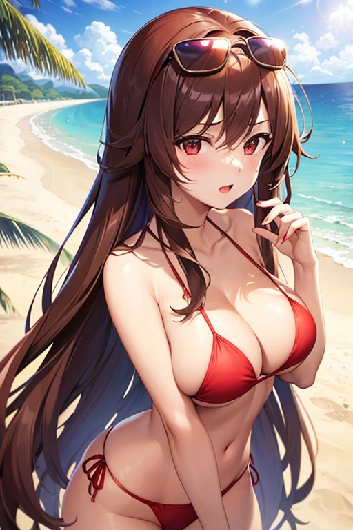 a sexy 20 year old girl in the beach (long brown hair) (wearing an red bikini) (large breast) (not wearing on chest) (red sunglasses)