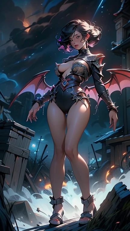 Sexy demon woman, giant wings, red skin, she is flying, full body, long legs, thin waist, nipple chains, giant breasts, body chains, huge nipples and hanging chains. (work of art), (topless), (HD quality), provocative and sensual, erotic, enchanting, seductive. Dark clouds, night, storm, lightning, intense shadows, scary scenery.