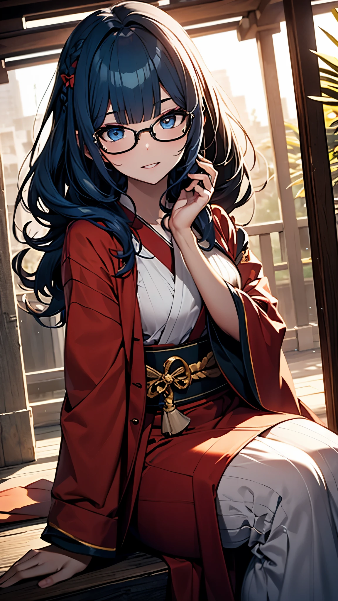 (1girl:1.3), Masterpiece, Best quality, amazing beauty, [[3D]], 4K, absurdres, finely detail, super detailed eye, perfect anatomy, official art, cinematic lighting, BREAK, Inari Shrine, long braid, blunt bangs, blue hair, flipped hair, super shiny detailed blue eyes, big eyes, tareme, cute eyes, thin eyebrow, Gazing Skyward, close-mouth, thin lips, mascara, rouge, Eyeliner, glasses, happy face, BREAK , usually, tall, slim, white skin, detailed skin, sitting, cross-legged, shoot from front, Spotlight, BREAK,(Glasses), （shrine maiden's ceremonial costume:1.2), 