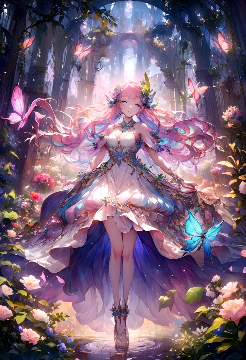 In a magical world, A plant girl with glowing vines and flowers, Delicate skin，Ethereal beauty appears. She is surrounded by vibrant and charming foliage, Colorful petals seem to be dancing in the wind. her eyes glistening with a hint of mystery, Reflecting the wonders of her mysterious world. Her lips, Decorated with natural rose tones, Exudes a gentle and charming smile. The exquisite details of her eyes and face accentuate her otherworldly charm. The medium used to depict this mesmerizing scene is a captivating blend of digital illustration and surrealism. The rich textures and intricate patterns of flowers and plants create a dreamy and ethereal atmosphere. Vibrant colors and soft lighting enhance the magical ambience, Give artwork depth and vitality. Other details of the artwork include the girl&#39;s flowing leaf-like hair, Extending gracefully and blending in with the surrounding botanical wonders. The intricate details on her dress reveal the harmony between nature and mystical essence, Delicate vines and petals intricately intertwined. Butterflies and hummingbirds danced around her, Add a touch of whimsy and life to the scene. In terms of image quality, This artwork is of the best quality, with high resolution (4K or 8K) and ultra-detailed renderings. vibrant with colors、with dynamism, Create visually stunning masterpieces. The overall style of the artwork blends fantasy realism and magical surrealism, Spark the imagination，Taking viewers into a world of wonder and awe. The color palette of this artwork leans towards a warm and vibrant spectrum, Focus on abundant green vegetables, vibrant pink, and deep purple. Soft and charming lighting, Casting soft sunlight through the leaves, Create light and shadow effects，Add depth and dimensionality to your scene. All-encompassing, This artwork depicts an enchanting scene of a plant girl in a magical world, leaked chest after being...enclose, elf woman, detailed eyes, detailed face, detailed hands, full body
