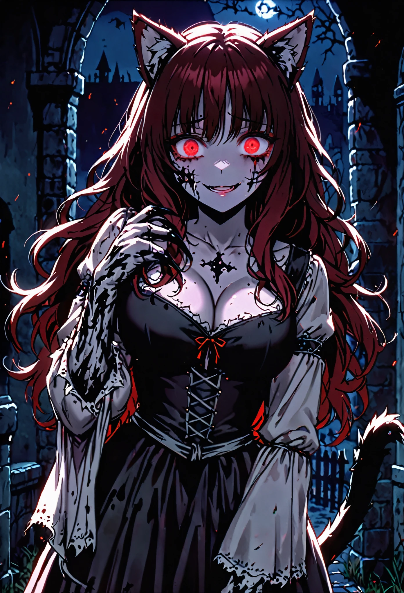 solo, female, cat ears, cat tail, red eyes, dark red hair, long wavy hair, large breasts, black tears, black mascara, runny mascara, cleavage, yandere, yandere smile, dark, night ,horror, vhs effect, horror, medieval, claw hands, cat paw hands, furry hands, furry forearms