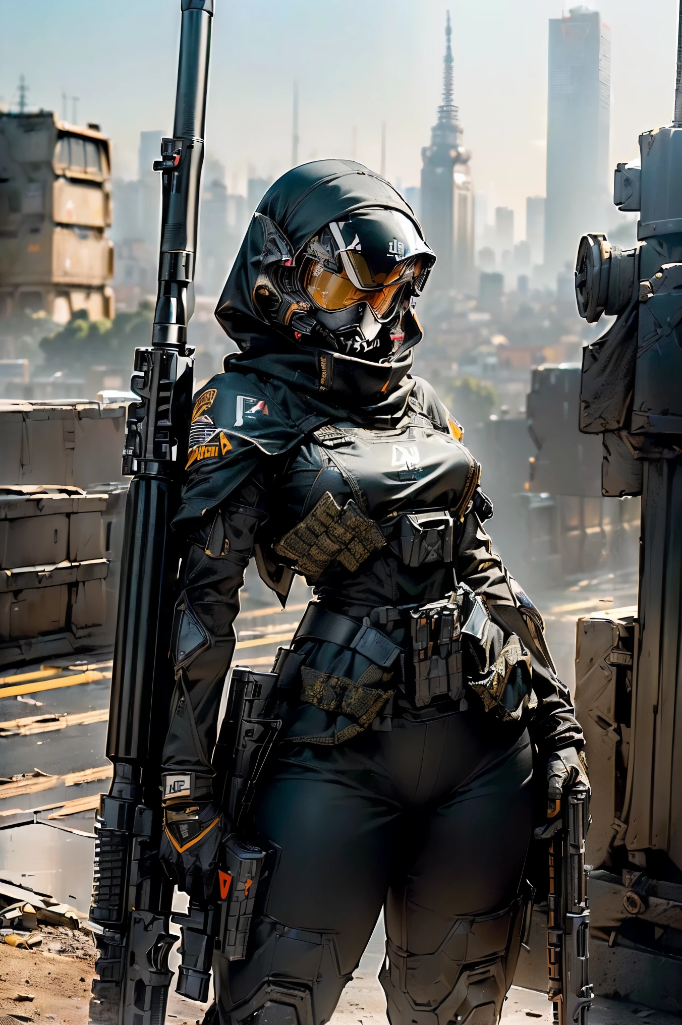 ((mejor calidad, 8K, obra maestra: 1.2, ultra detallado, , un mecha pesado, superficie dura)), (Shielded core style: 1.0), (Mujer de grandes pechos con el equipo U.S.army robot armor GLOSSY BLACK) ,(((apuntar a algo con un rifle:1.4))),(((Mirando a la mira de un rifle:1.4))),(((cuerpo negro:1.5))),(La armadura tiene la U..S. logo. army..:1.4),(casco tactico abierto:1.3),(Un ojo detallado:1.3),(Una cara detallada:1.3),(Armas detalladas:1.3),(cuerpo detallado:1.3),(cuerpo completoesbiano:1.5 ),(El fondo es una ciudad de GUERRA..:1.5),natural