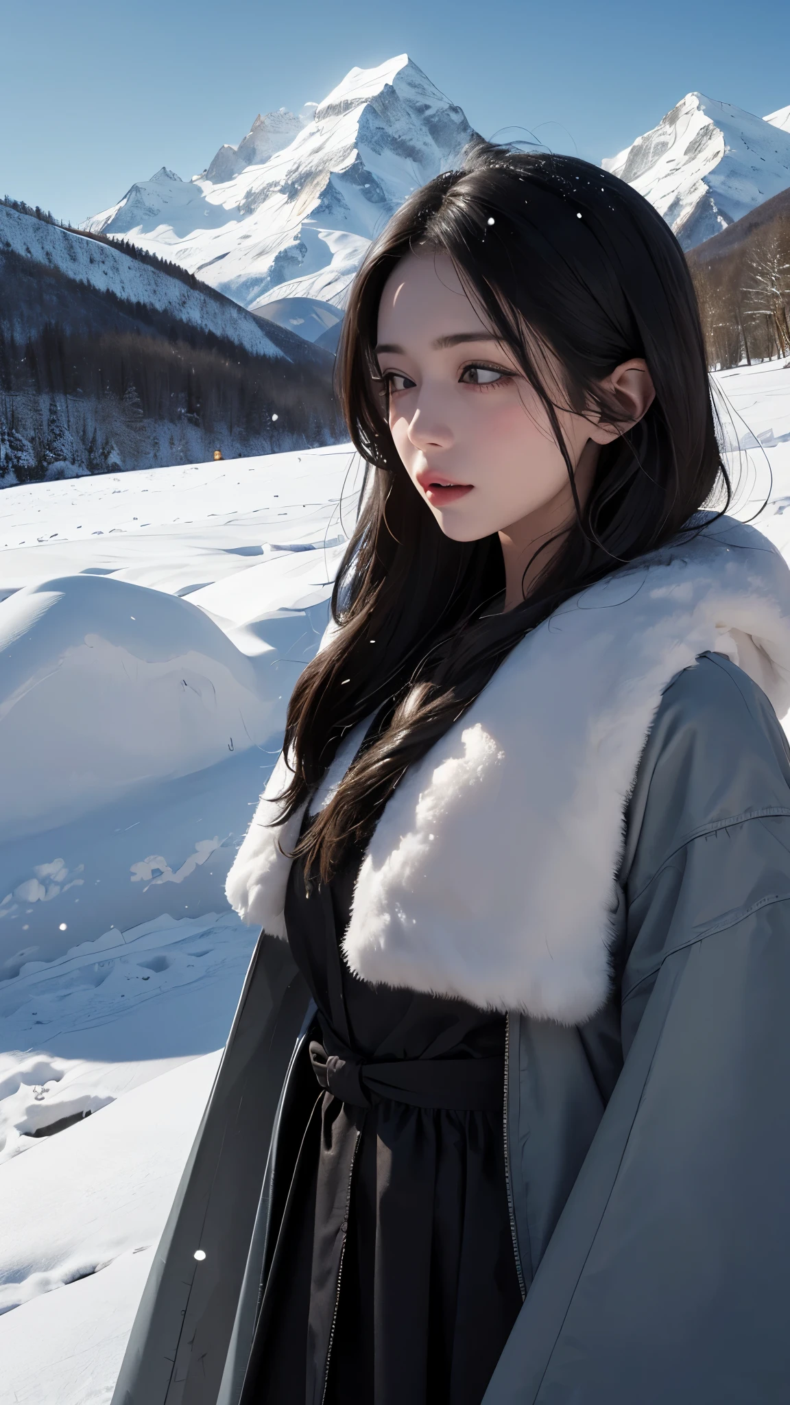 ((masterpiece)),highest quality, figure, dark, One girl, In the wilderness,A tall mountain,Snow-capped mountains visible in the distance々, city, Beautiful fine details,  Beautiful detailed hair,