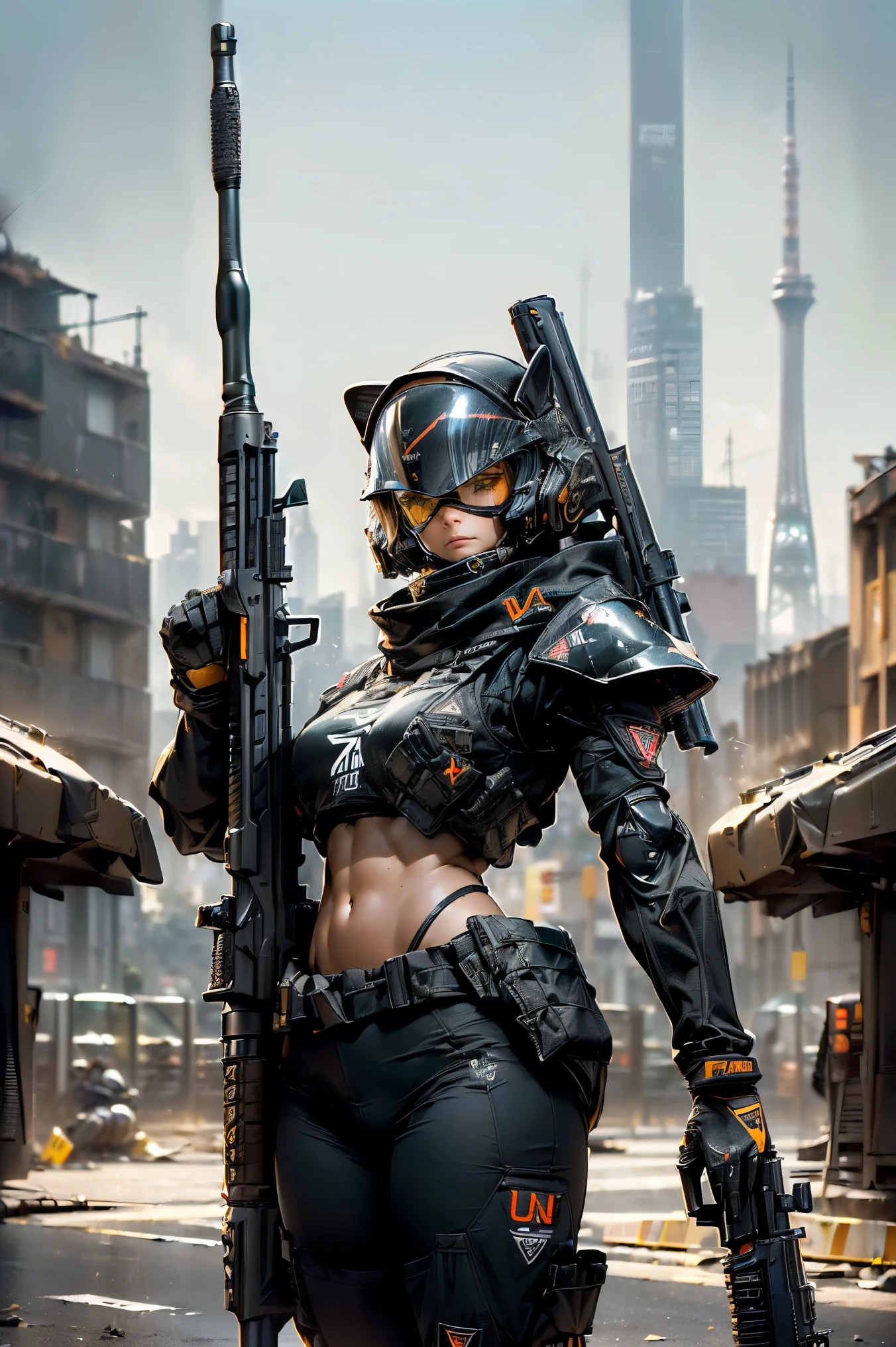 ((mejor calidad, 8K, obra maestra: 1.2, ultra detallado, , un mecha pesado, superficie dura)), (Shielded core style: 1.0), (Mujer de grandes pechos con el equipo U.S.army robot armor GLOSSY BLACK) ,(((apuntar a algo con un rifle:1.4))),(((Mirando a la mira de un rifle:1.4))),(((cuerpo negro:1.5))),(La armadura tiene la U..S. logo. army..:1.4),(casco tactico abierto:1.3),(Un ojo detallado:1.3),(Una cara detallada:1.3),(Armas detalladas:1.3),(cuerpo detallado:1.3),(cuerpo completoesbiano:1.5 ),(El fondo es una ciudad de GUERRA..:1.5),natural