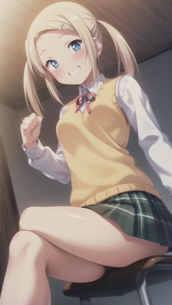 yuzuhaho, 1girl, solo, hairclip, school swim uniform, sweater vest, bowtie, shirt, plaid skirt, blush, smile, sitting, dutch angle, grin, from below blushing shyly,