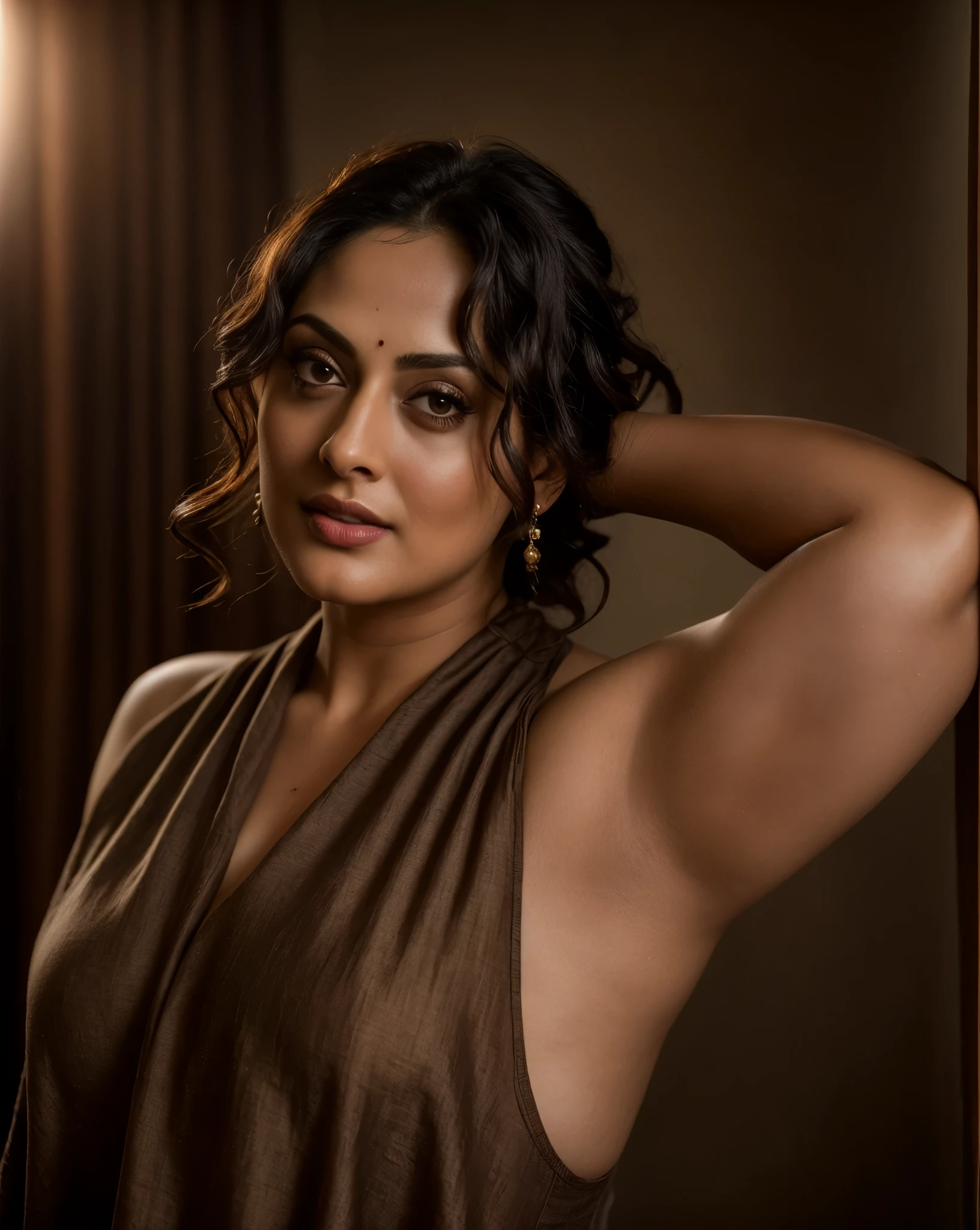Looks like Sandeepa Dhar, a photo portrait of a beautiful girl 40 years old Woman, curvy hot mommy figure, fleshy figure, with curls, styled black hair, (face portrait:1.5), dramatic light, Rembrandt lighting scheme, bust shot, linen tank top , top quality editorial photograph, skin texture, skin pores, chocolate skin, high quality skin, top quality photography, professional photography, professional retouching, insane detailing, warm moody tones, modern clothes, highly detailed armpits,