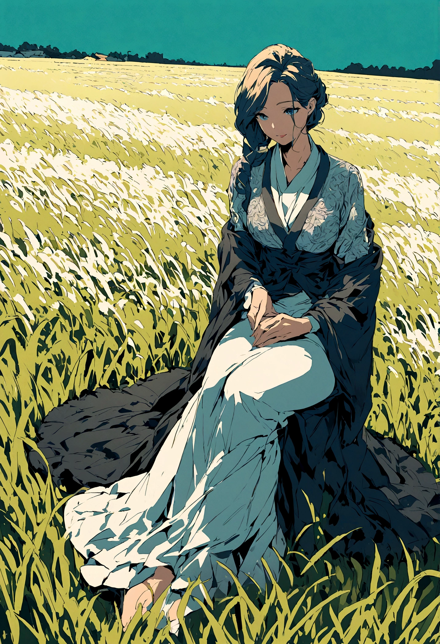 Illustration of a rich woman sitting and looking at a rice field. Wide angle.
