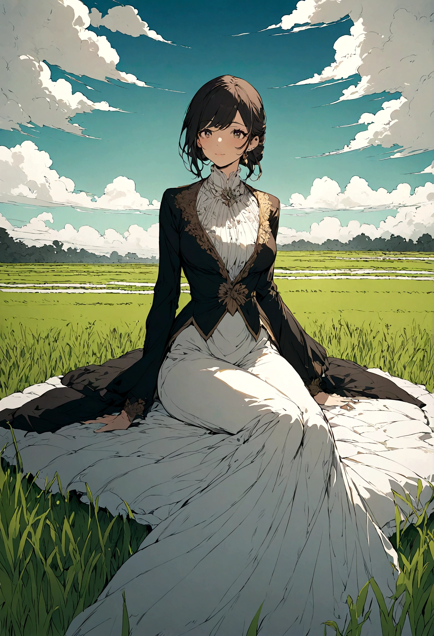 Illustration of a rich woman sitting and looking at a rice field. Wide angle.