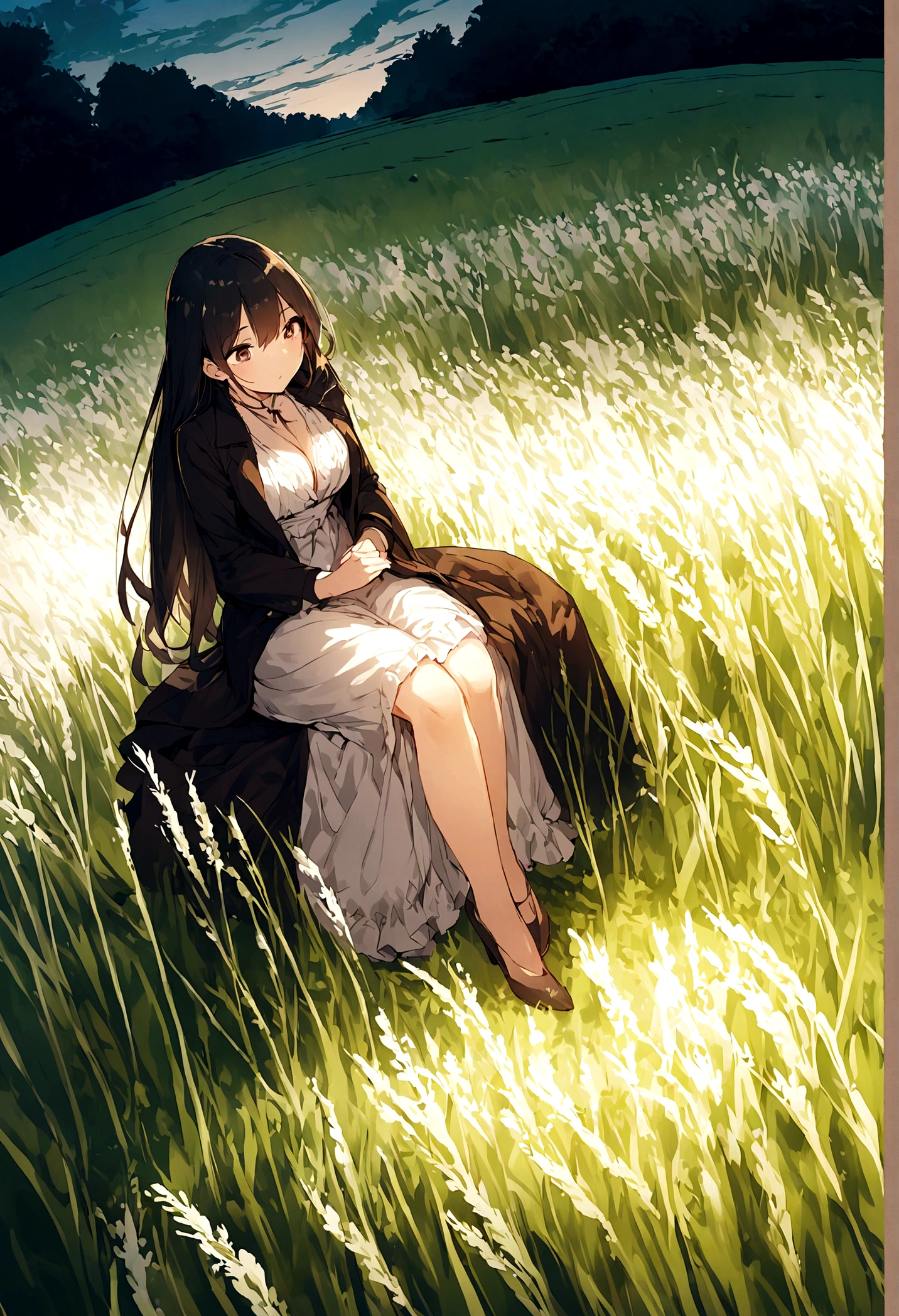 Illustration of a rich woman sitting and looking at a rice field. Wide angle.