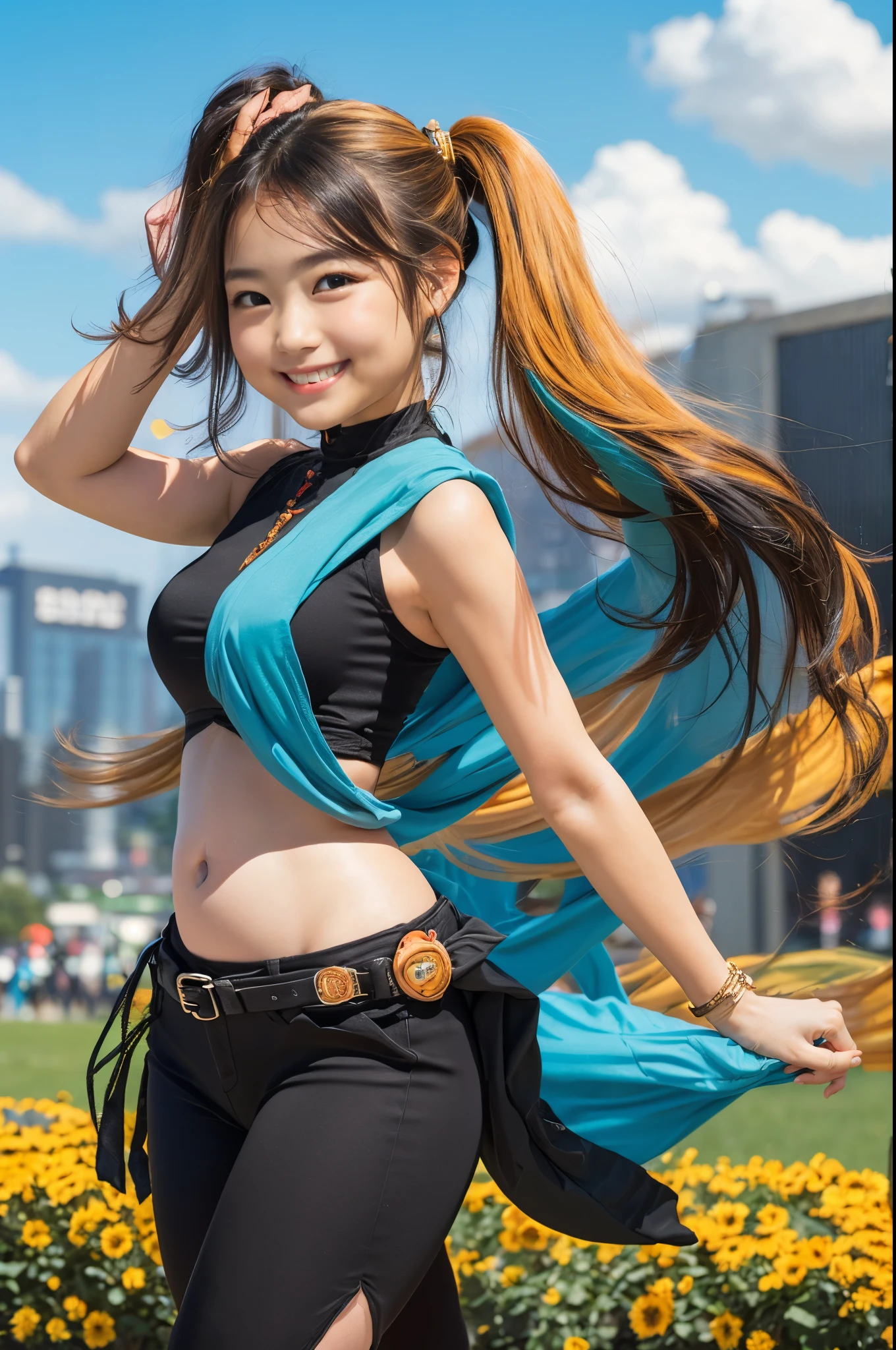 (8k、Raw photography、highest quality、masterpiece:1.2),(Black Hair、Dark Eyes:1.9),(:1.6)、View your audience,Viewed from the front,White skin,(ponytail:1.3)、(Tight waist:1.6)、(Clothes that accentuate the shape of the breasts:1.0)、(Big Breasts :1.3)、Slim figure、Ultra-high resolution,beautiful,beautiful fece,(one person、No background:1.9),whole bodyボディー,Japanese women,(reality的:1.37)、Photon Mapping,reality、(Baby-faced and cute: 1.4)、(Cute Smile: 1.8)、(Round face: 1.8)、Radio City、Physically Based Rendering、Depth of field rally background、photograph, (I can see your knees、Thigh close-up:1.8),(:1.6),whole body、Great quality