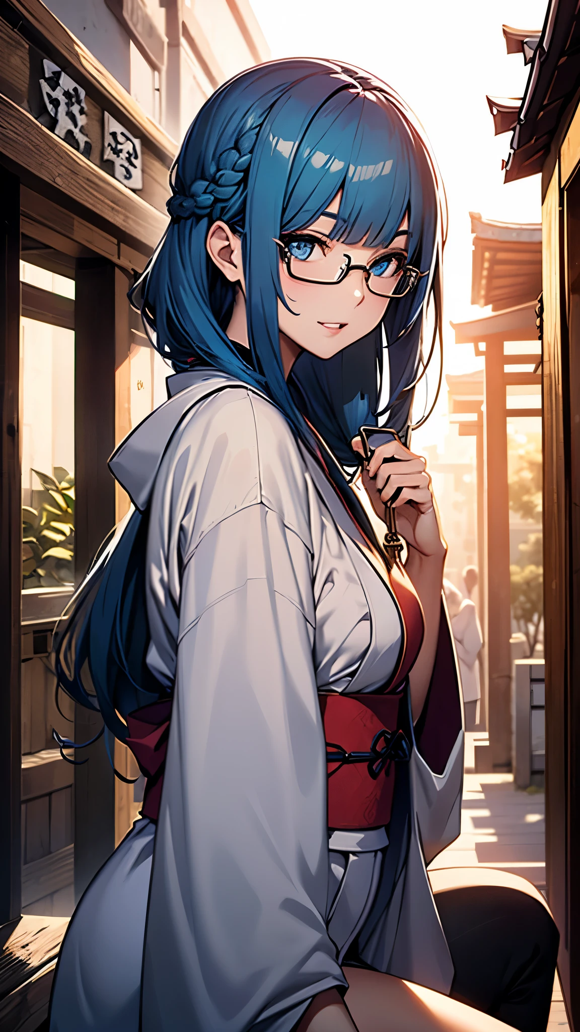 (1girl:1.3), Masterpiece, Best quality, amazing beauty, [[3D]], 4K, absurdres, finely detail, super detailed eye, perfect anatomy, official art, cinematic lighting, BREAK, Inari Shrine, long braid, blunt bangs, blue hair, flipped hair, super shiny detailed blue eyes, big eyes, tareme, cute eyes, thin eyebrow, Gazing Skyward, close-mouth, thin lips, mascara, rouge, Eyeliner, glasses, happy face, BREAK , usually, tall, slim, white skin, detailed skin, sitting, cross-legged, shoot from side, Spotlight, BREAK,(Glasses), （Vibrant kimono:1.2), shrine maiden