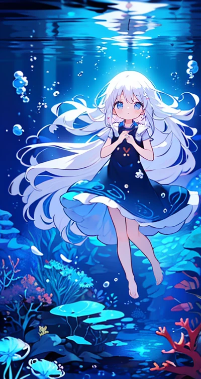 (Peace Fly), (highest quality), Very detailed, 1 girl, Personal full-body photo, Perfect Face, beautiful girl, Very detailed顔,(Long white hair:1.5),(blue eyes:1.4),(Flowing Hair:1.4),(Underwater:1.4),sink,school fishy,Light,jellyfish,Seaweed,Redfish,fishy,deep sea,Fantasy