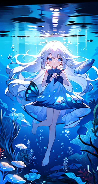 (Peace Fly), (highest quality), Very detailed, 1 girl, Personal full-body photo, Perfect Face, beautiful girl, Very detailed顔，(Long white hair:1.5)，(blue eyes:1.4)，(Flowing Hair:1.4)，(Underwater:1.4)，sink，school fishy，Light，jellyfish，Seaweed，Redfish，fishy，deep sea，Fantasy